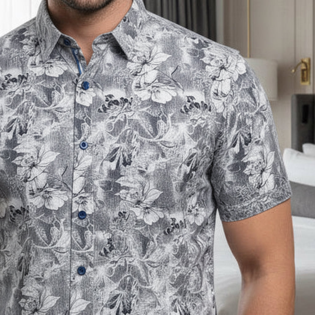 Men's Sky Blue & Navy Tropical Print Shirt | Breathable Summer Cotton (Sizes S-XL) | MH