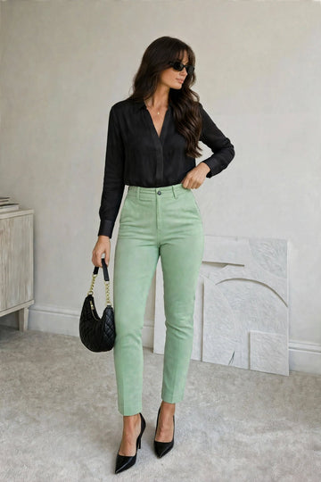 Women’s Casual Leaf Green Chino Trousers Slim Leg Pockets Slim Fit Cotton Pants | Sizes 26-36 Inch | MH