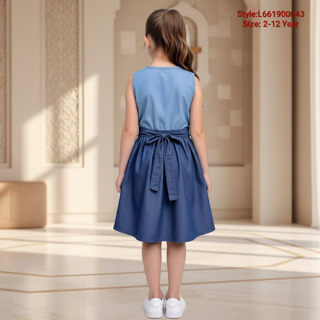 Chic Two-Tone Denim Bow Waist Dress for Girls.Sizes(2-12Years) | MH