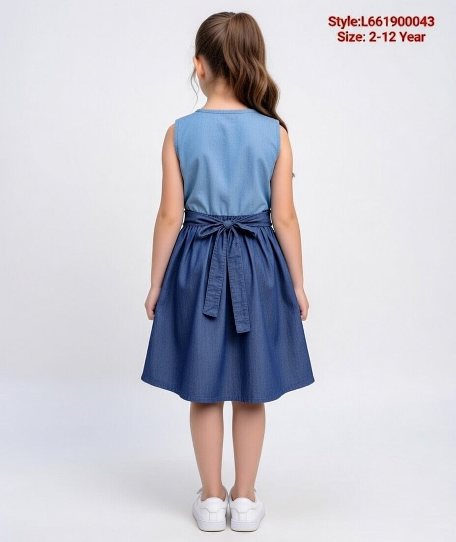 Chic Two-Tone Denim Bow Waist Dress for Girls | MH