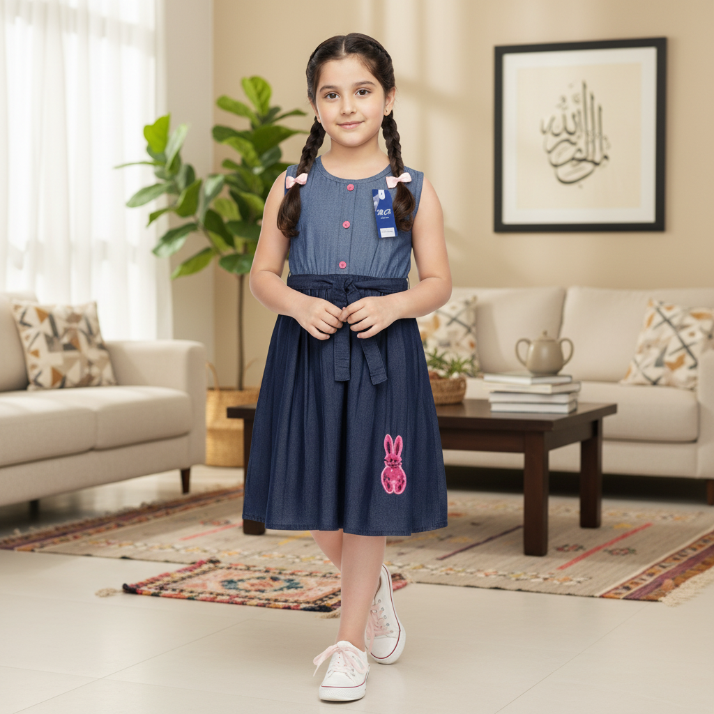 Girls Navy Blue Sleeveless Party Dress with Waist Tie Belt | Sizes (2–12 Years) | MH