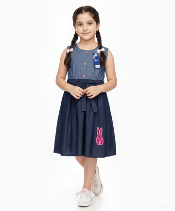 Girls Navy Blue Sleeveless Party Dress with Waist Tie Belt (2–12 Years)