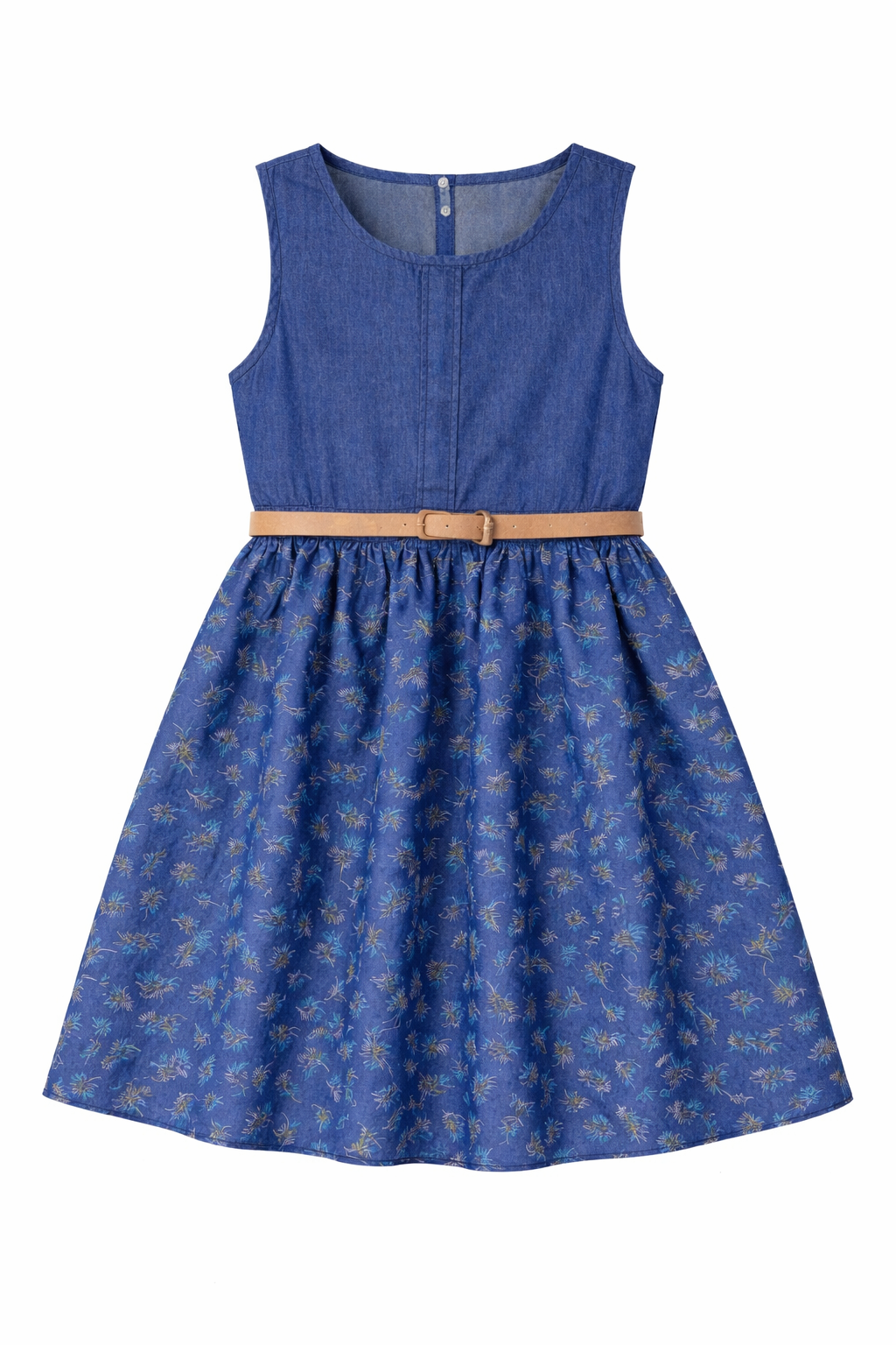 Sleeveless Navy Denim Floral Chambray Dress for Girls with Tan Belt | MH Kids Casual Sundress