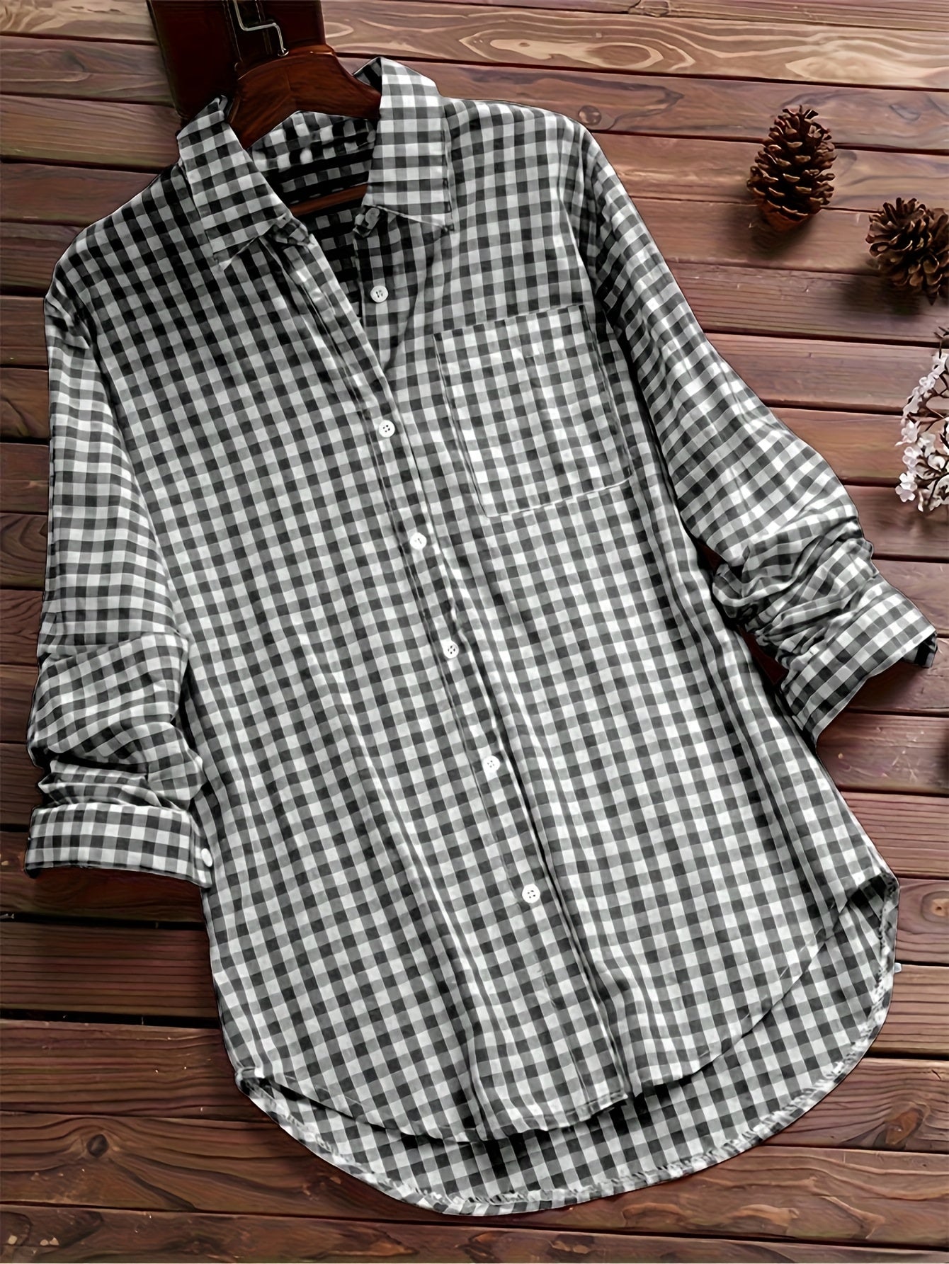 Women'S Casual Long Sleeve Gingham Check Shirt - Light Blue & White,