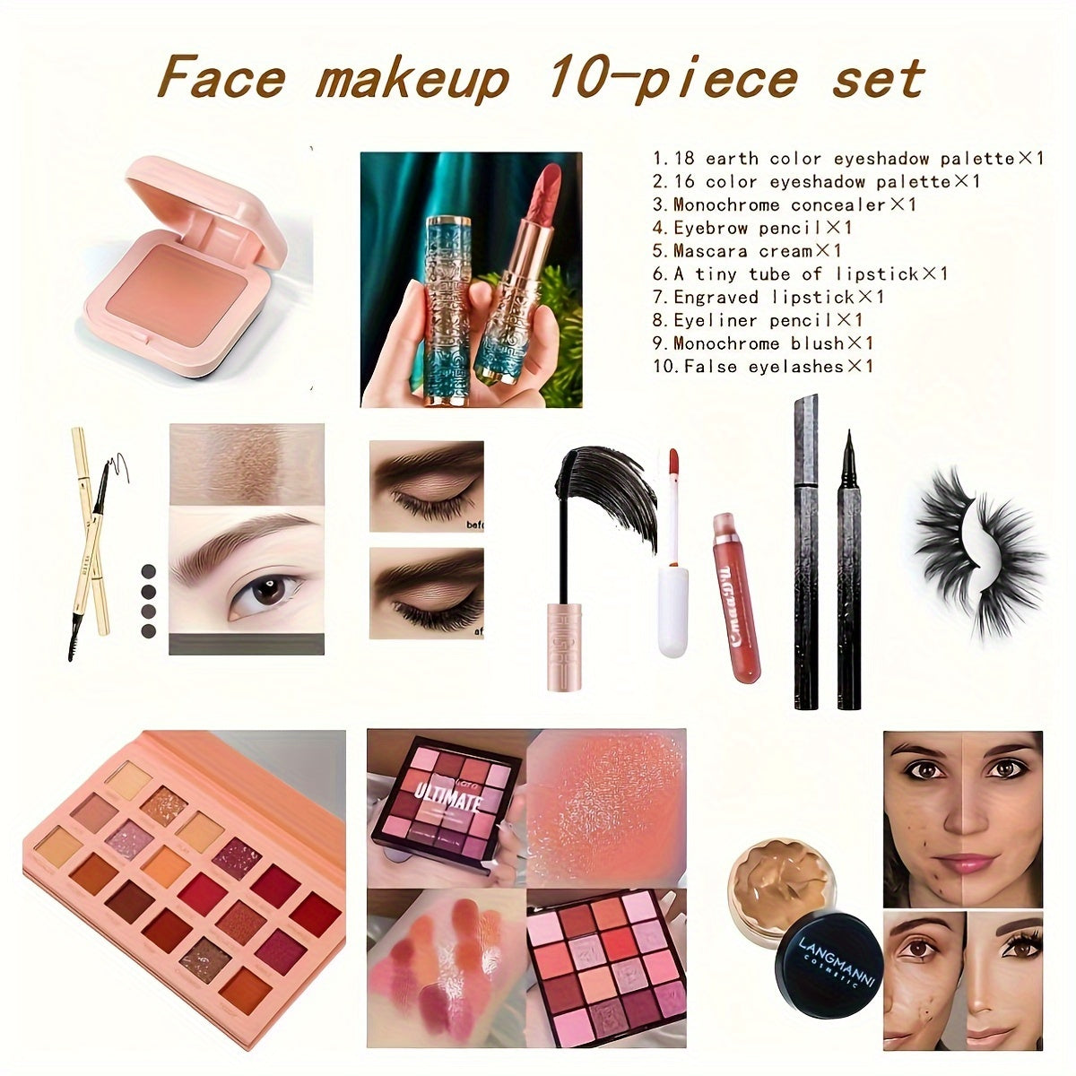 10pcs Makeup Set Eyeshadow Lipstick Set, Mascara Concealer Cosmetic Gift Box Set For Beginners, Ideal For Mother's Day Makeup Set