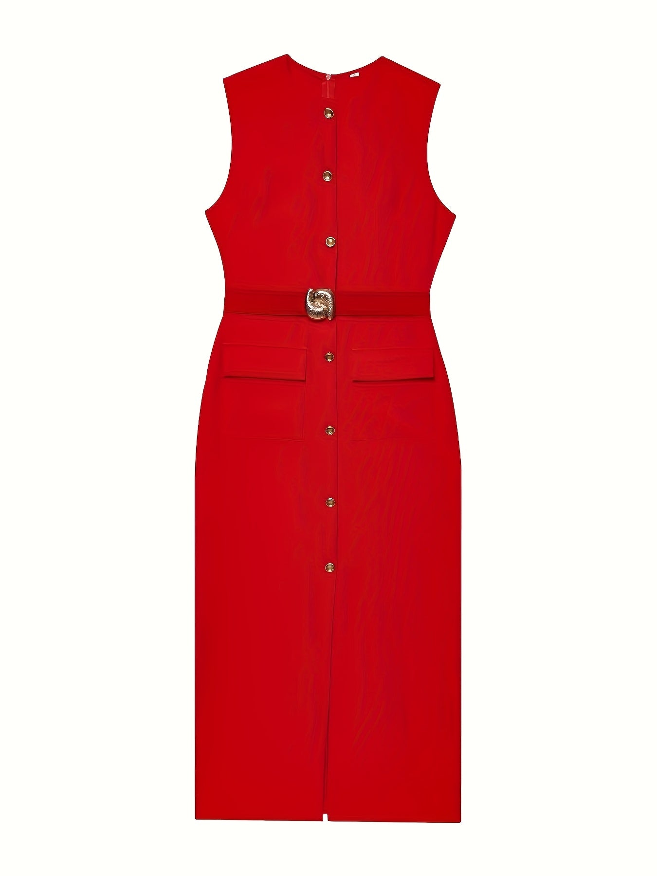 Elegant Women's Black Sleeveless Dress with Waist Belt & Faux Buttons ./MH