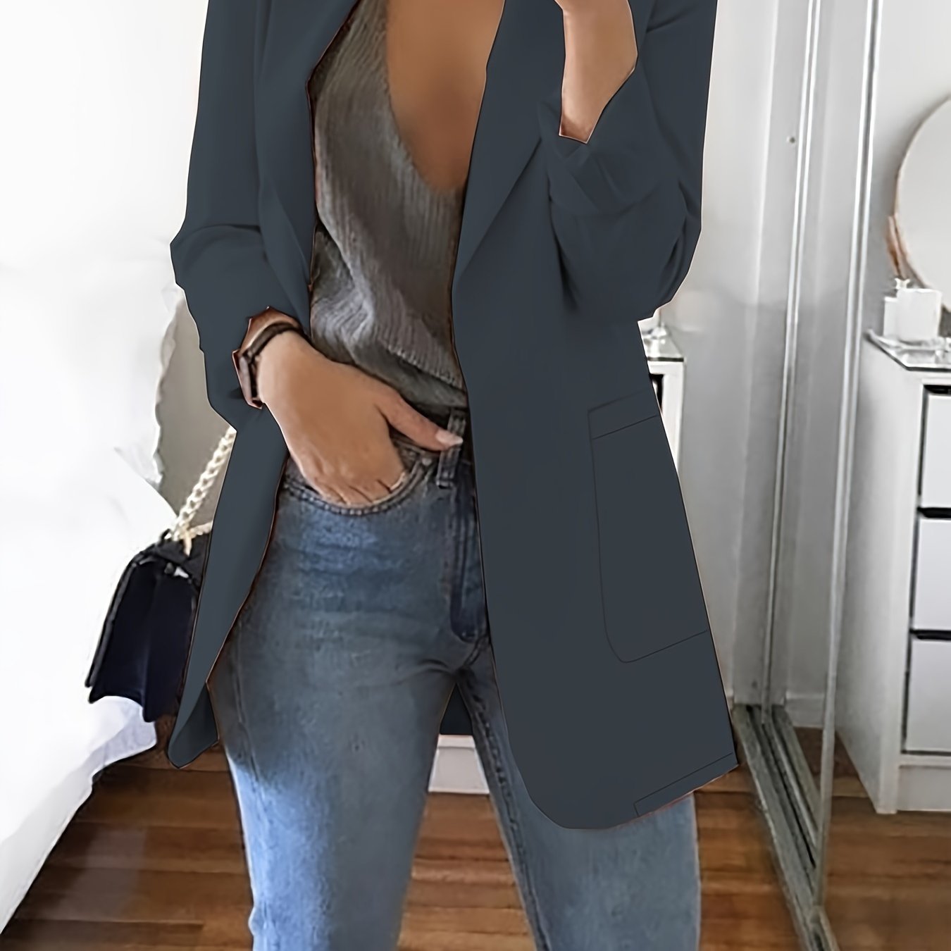 Solid Open Front Blazer, Elegant Lapel Long Sleeve Blazer.