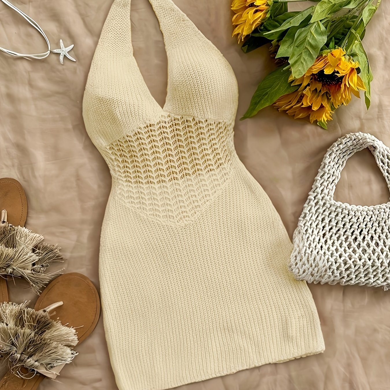Stylish Vacay Knit Cover Up Dress - Rash Guard Shirts for Women with Halter Tie Neck and Backless Design, Swimwear and Beachwear Clothing for Summer Vacation