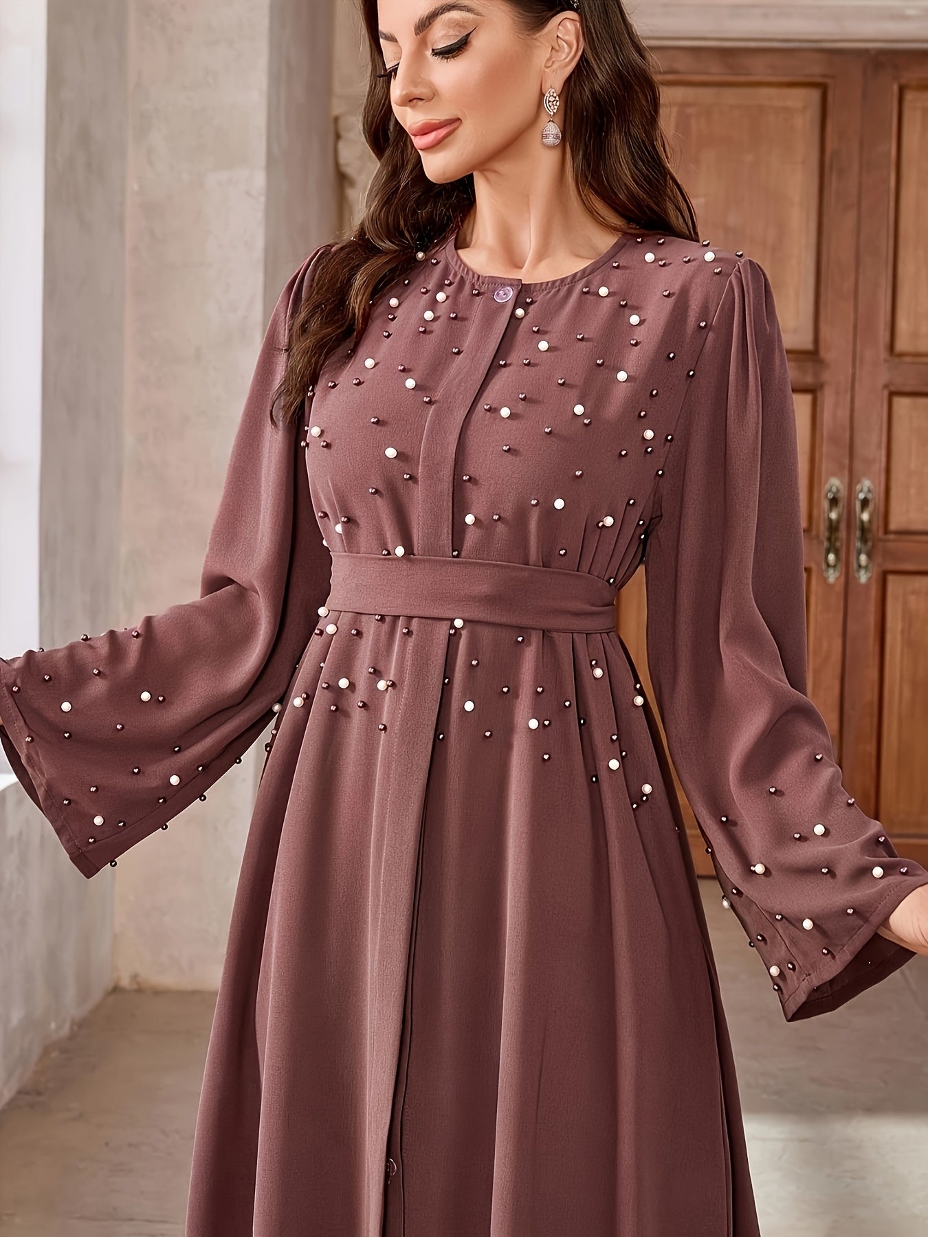Elegant Pearl Embellished Burgundy Abaya./MH