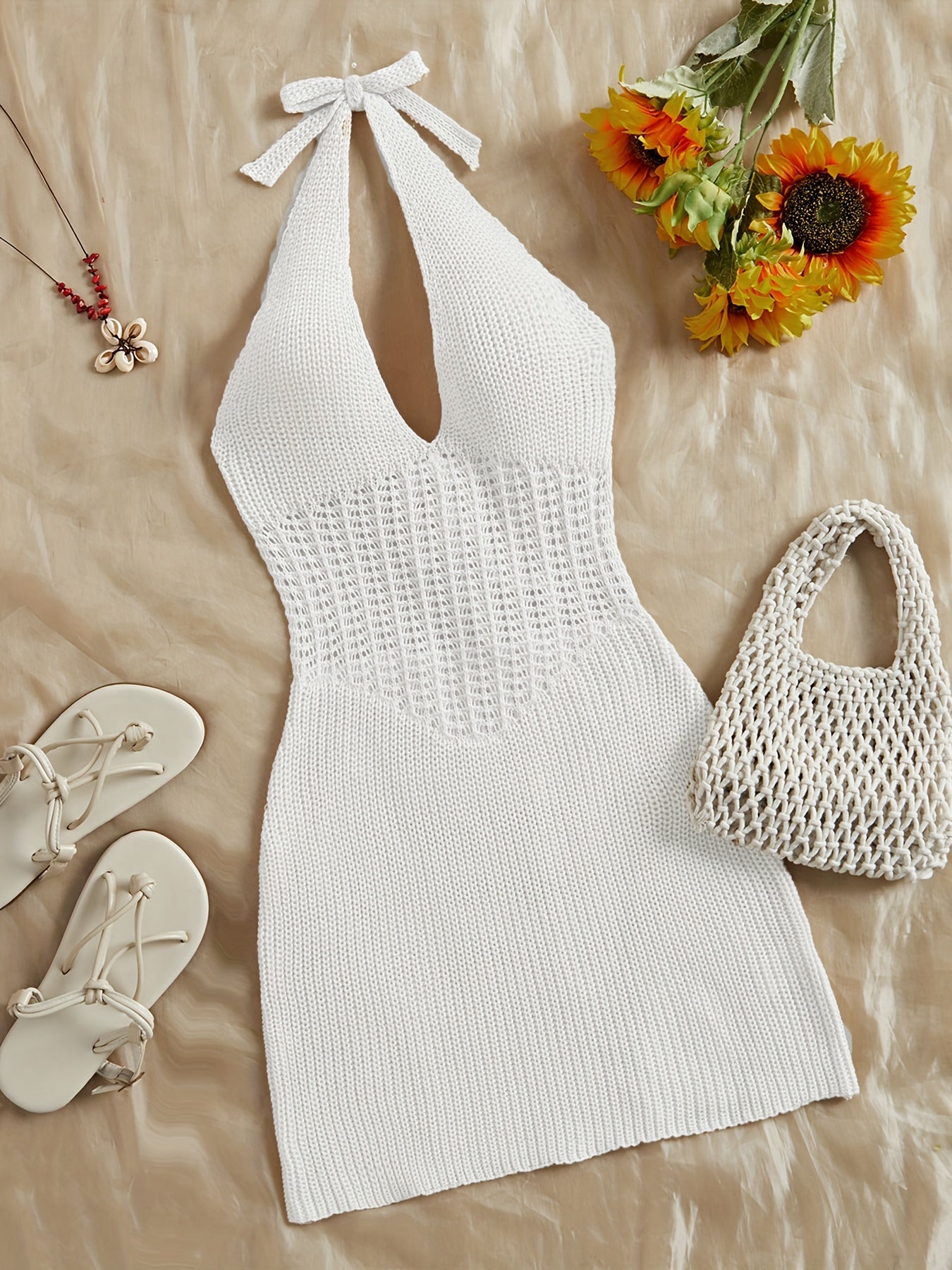 Stylish Vacay Knit Cover Up Dress - Rash Guard Shirts for Women with Halter Tie Neck and Backless Design, Swimwear and Beachwear Clothing for Summer Vacation
