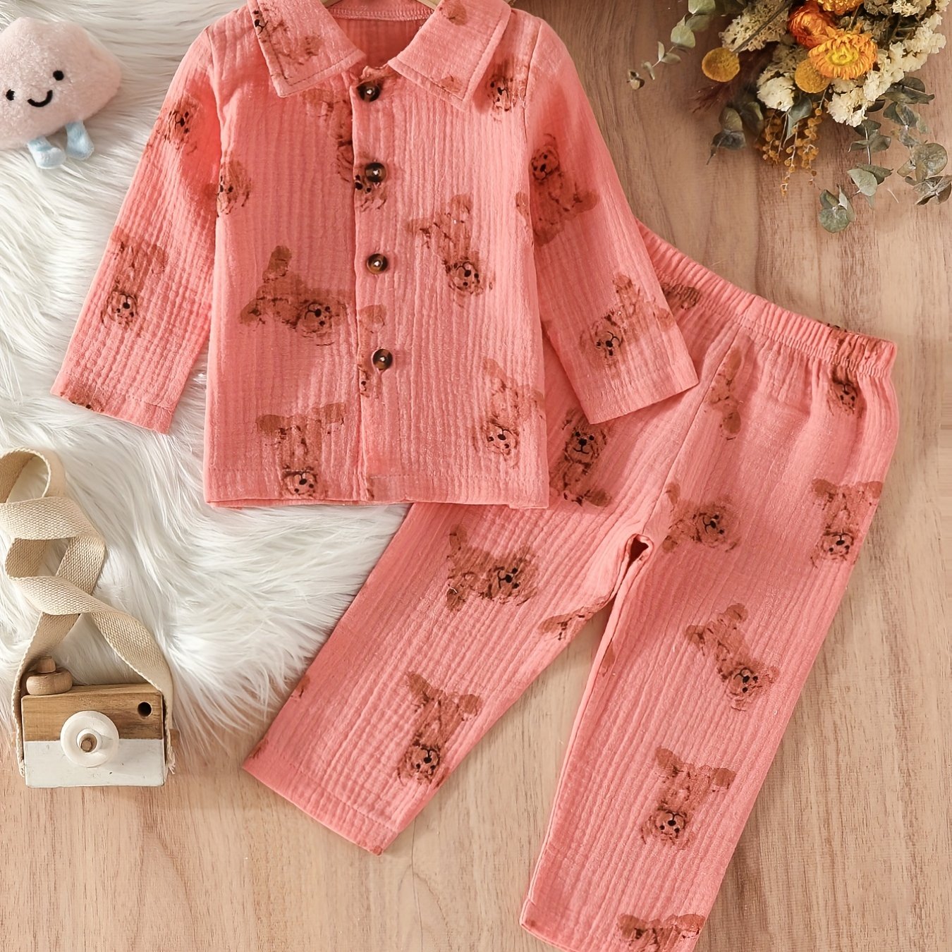 Baby's Cute Cartoon Graphic Pajamas Set Long Sleeve Top & Pants Outfit, Loungewear