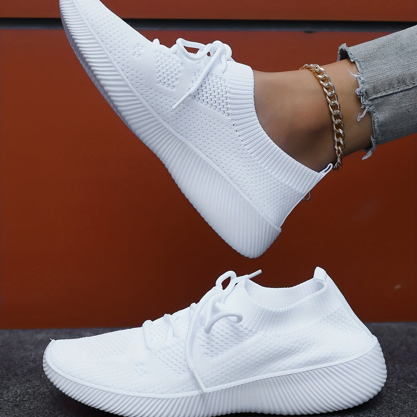 Women's Knit Athletic Shoes, Breathable Lace Up Low Top Running Trainers, Casual Gym Fitness Sneakers