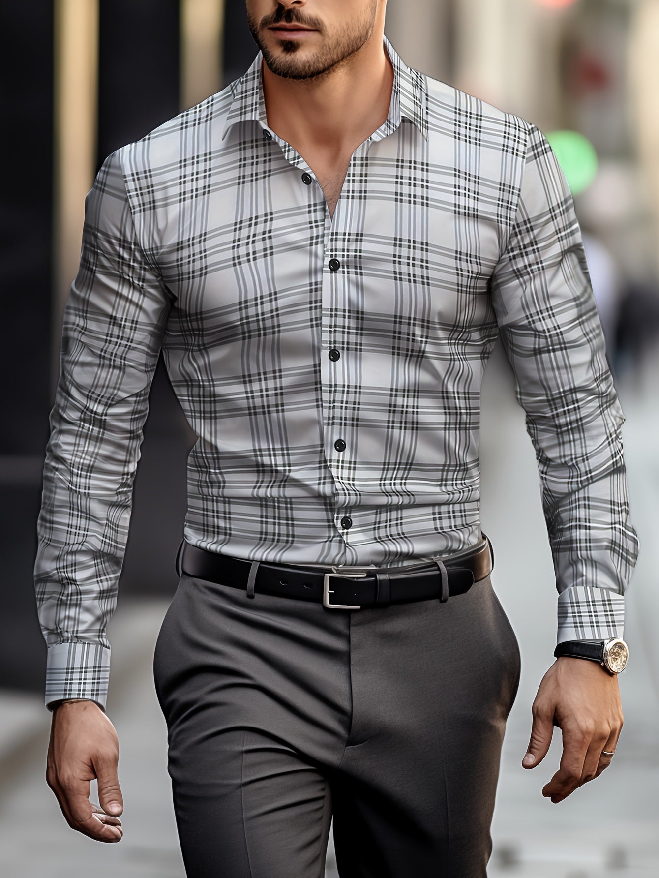 Classic Plaid Pattern Print Men's Lapel Collar Design Dress Shirts,