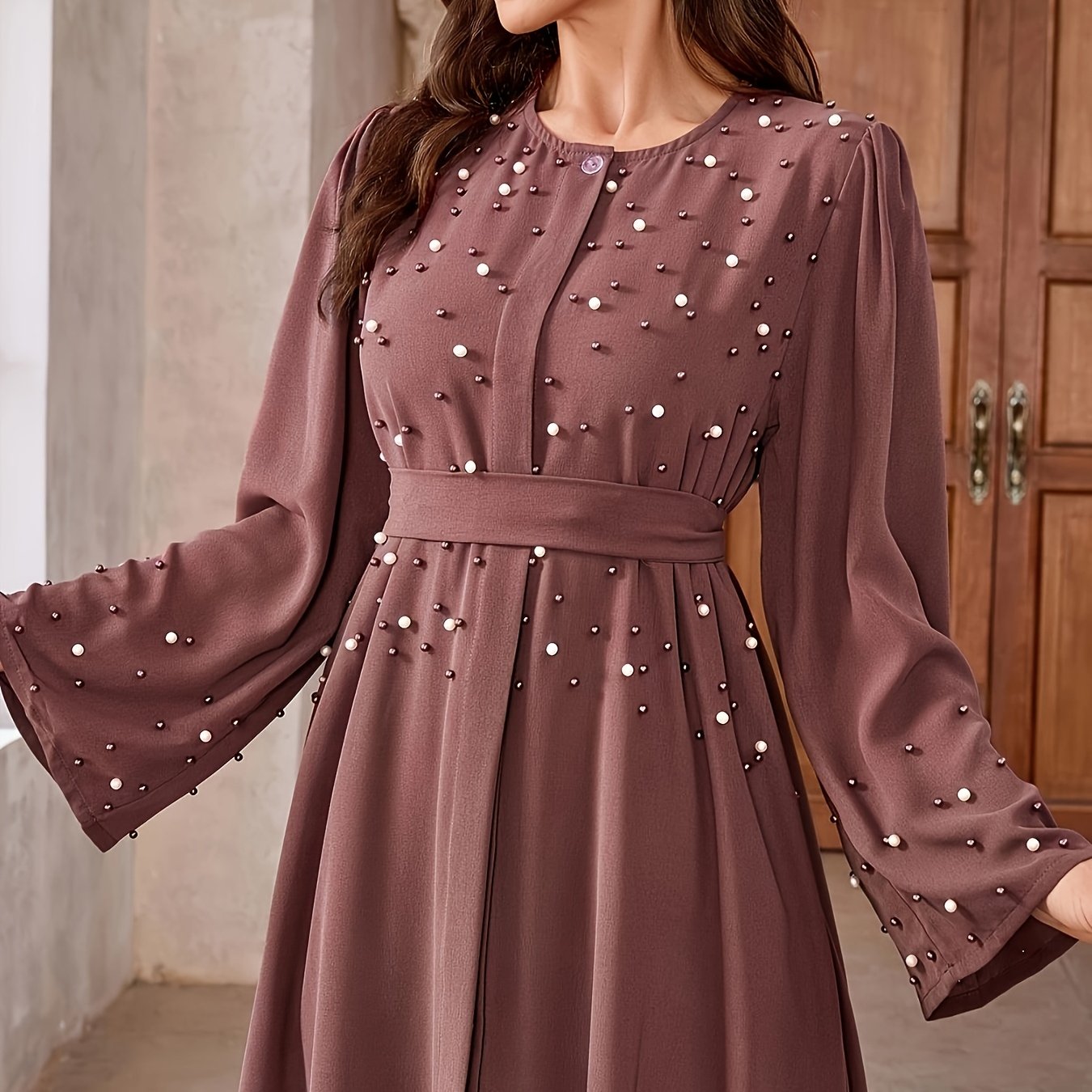 Elegant Pearl Embellished Burgundy Abaya./MH