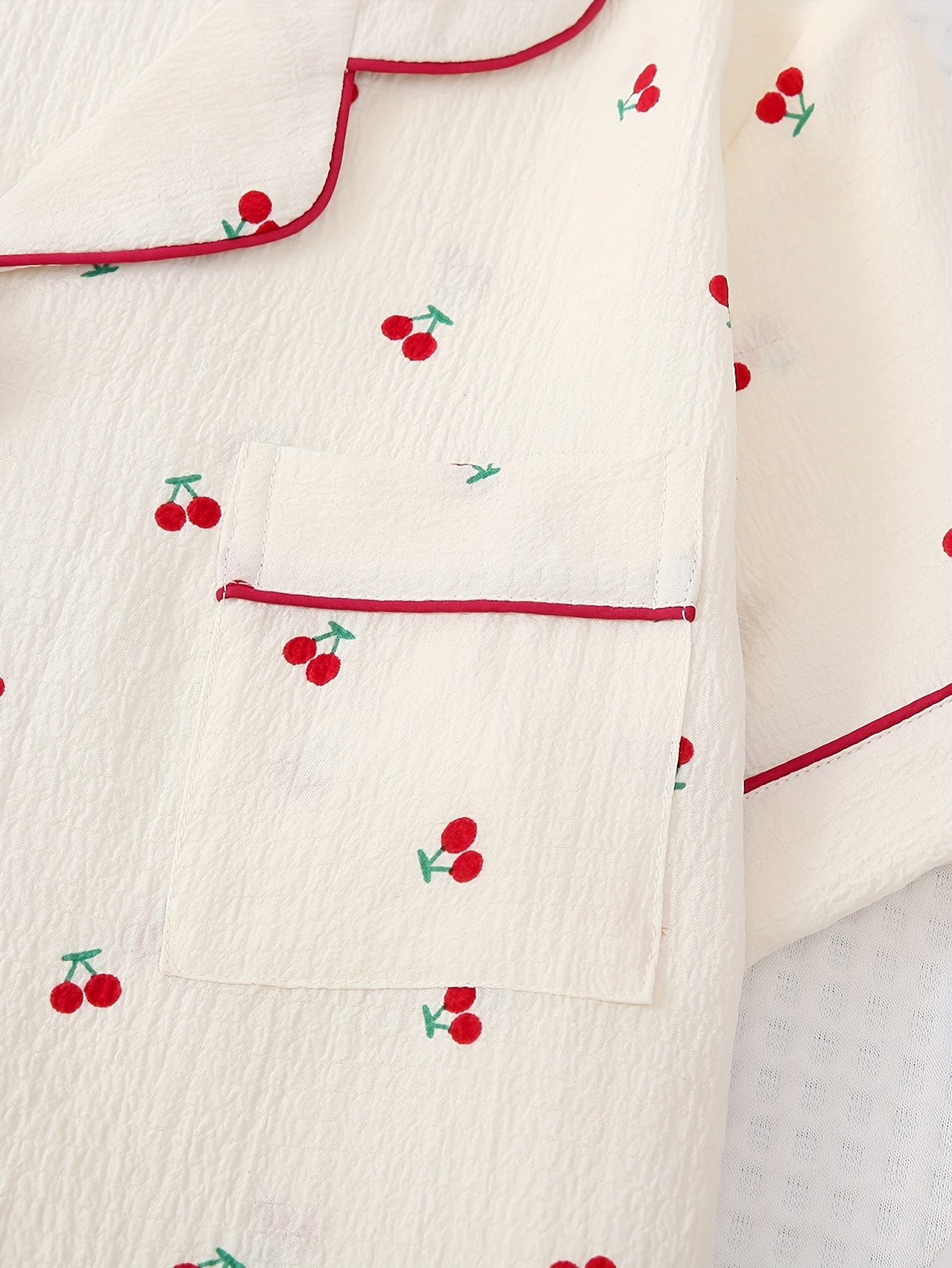 Cherry Print Pajama Set, Sweet & Cute Lapel Buttons Top And Bow Shorts, Women's Sleepwear & Loungewear