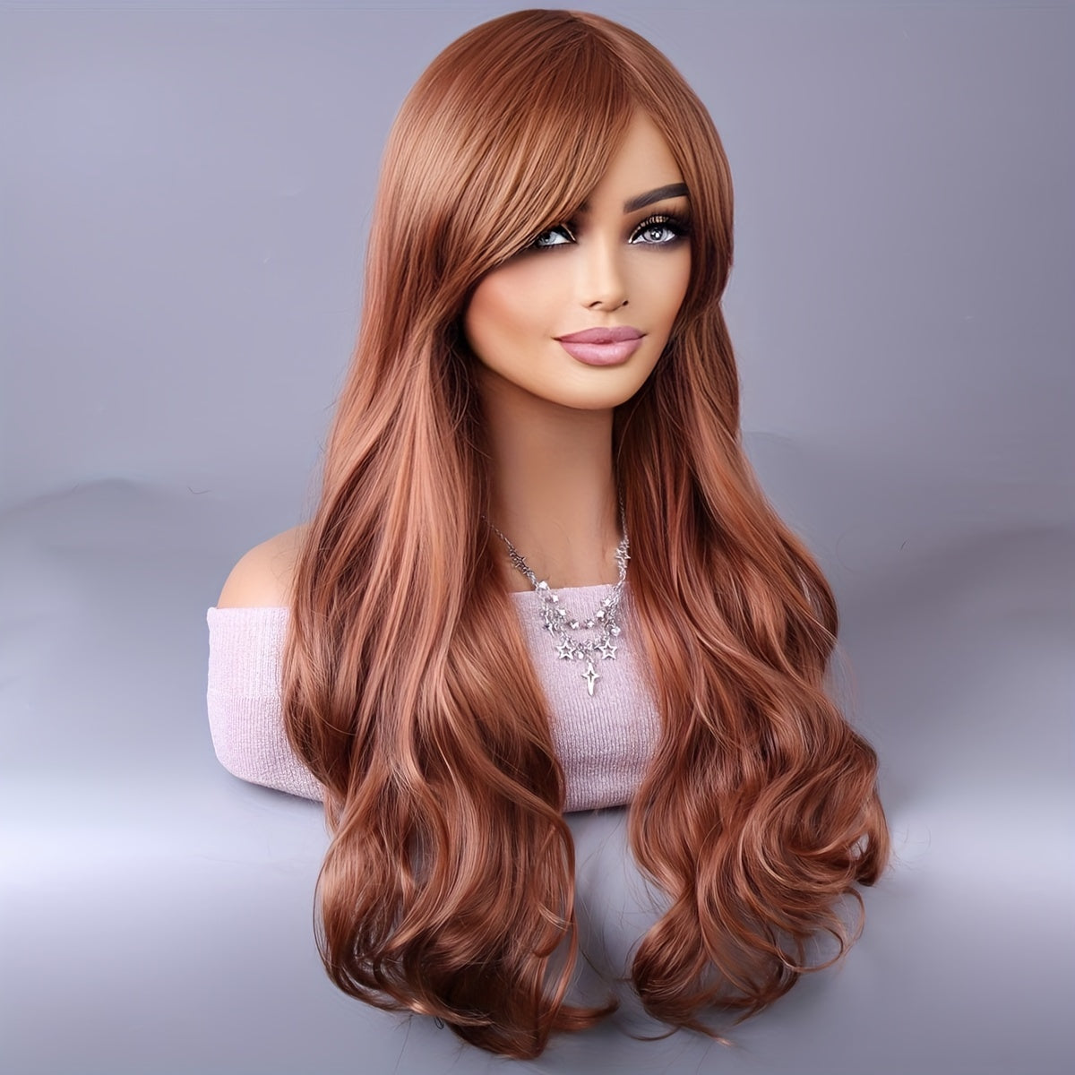 Long Reddish Brown Curly Wig With Bangs For Women Curly Wavy Wigs Synthetic Heat Resistant Fiber For Daily Party Cosplay Use