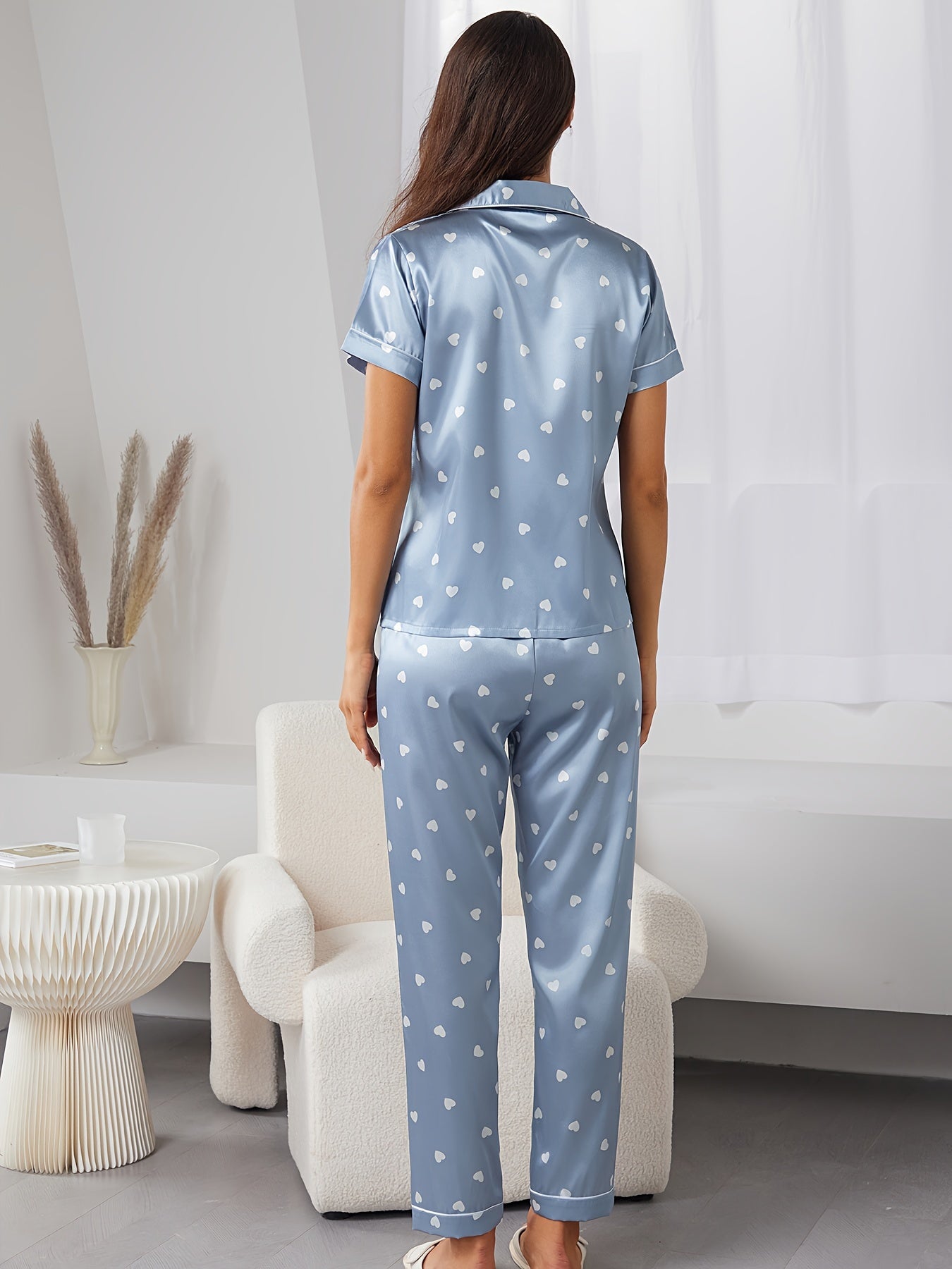 Heart Print Pajama Set, Short Sleeve Buttons Top & Elastic Waistband Pants,