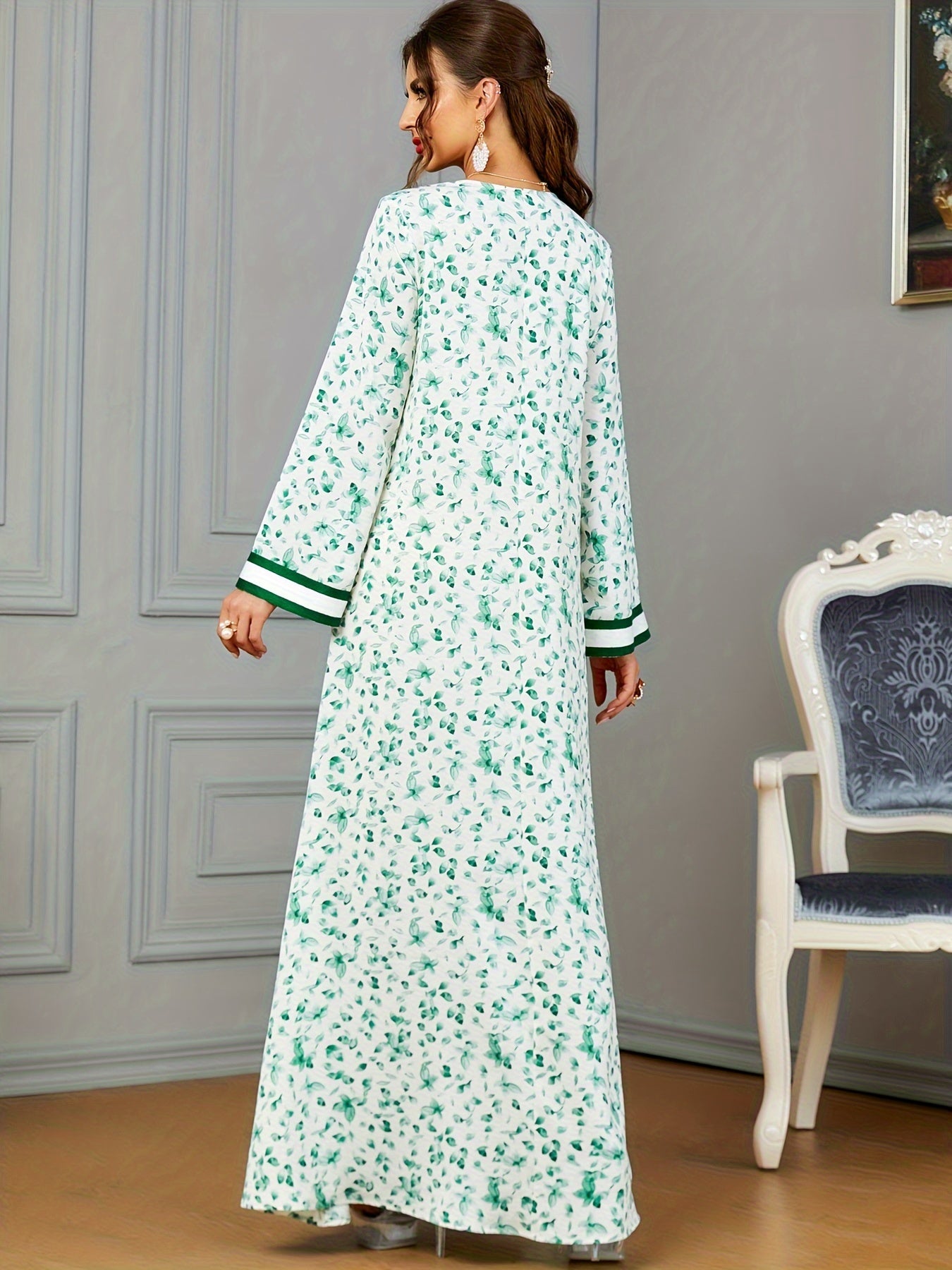 Floral Print Notch Neck Kaftan, Elegant Long Sleeve Maxi women fashion ;/MH
