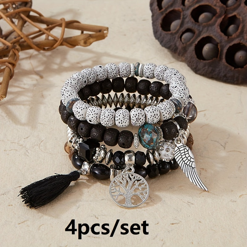 4pcs/set Bohemian Hand String, Tree Of Life Feather Wings Pendant Bracelet, Tassel Couple Handmade Unisex Bracelet, Father's Day Gift