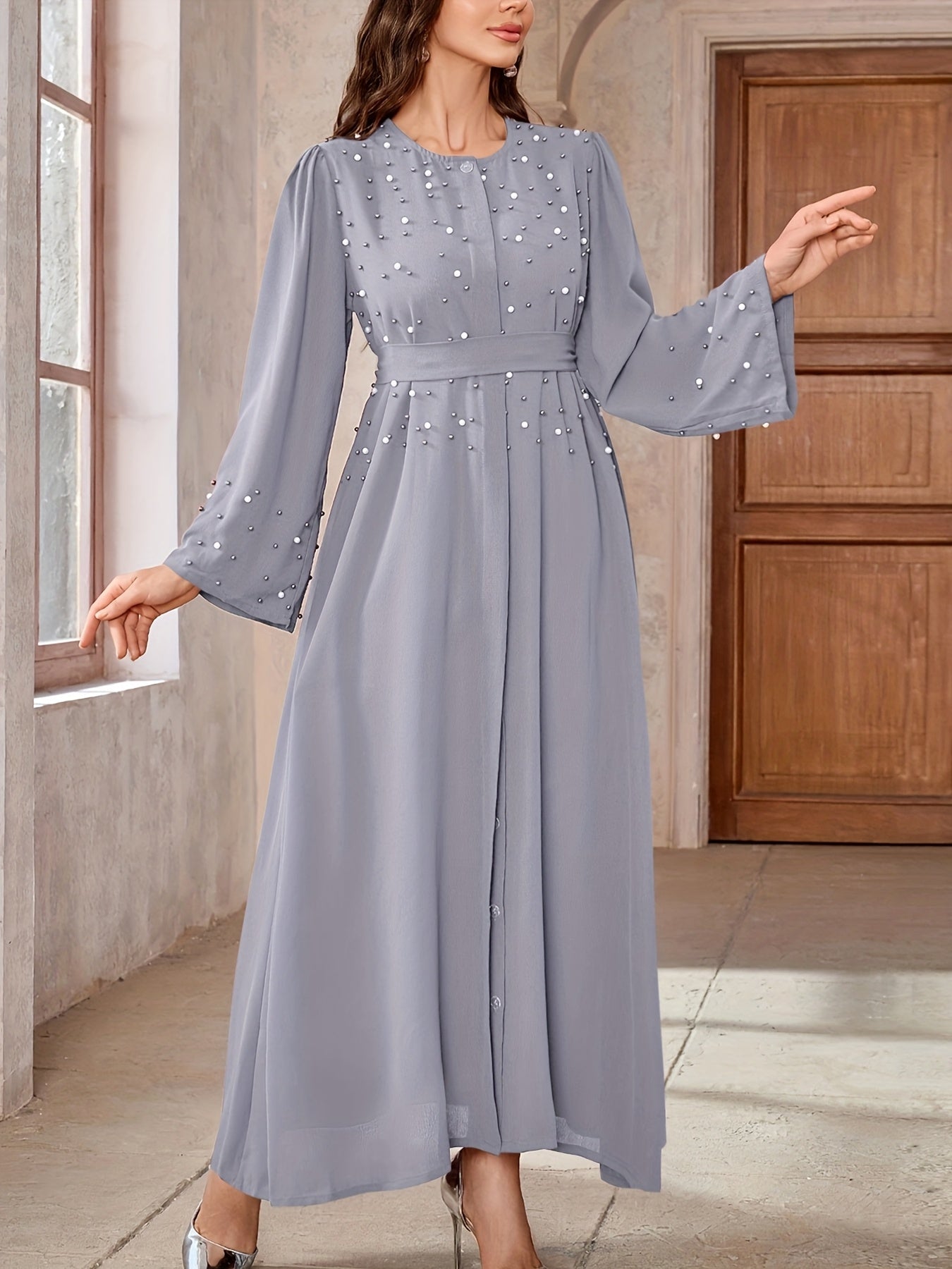 Elegant Navy Blue Abaya with Pearl Embellishments and Belt -/MH