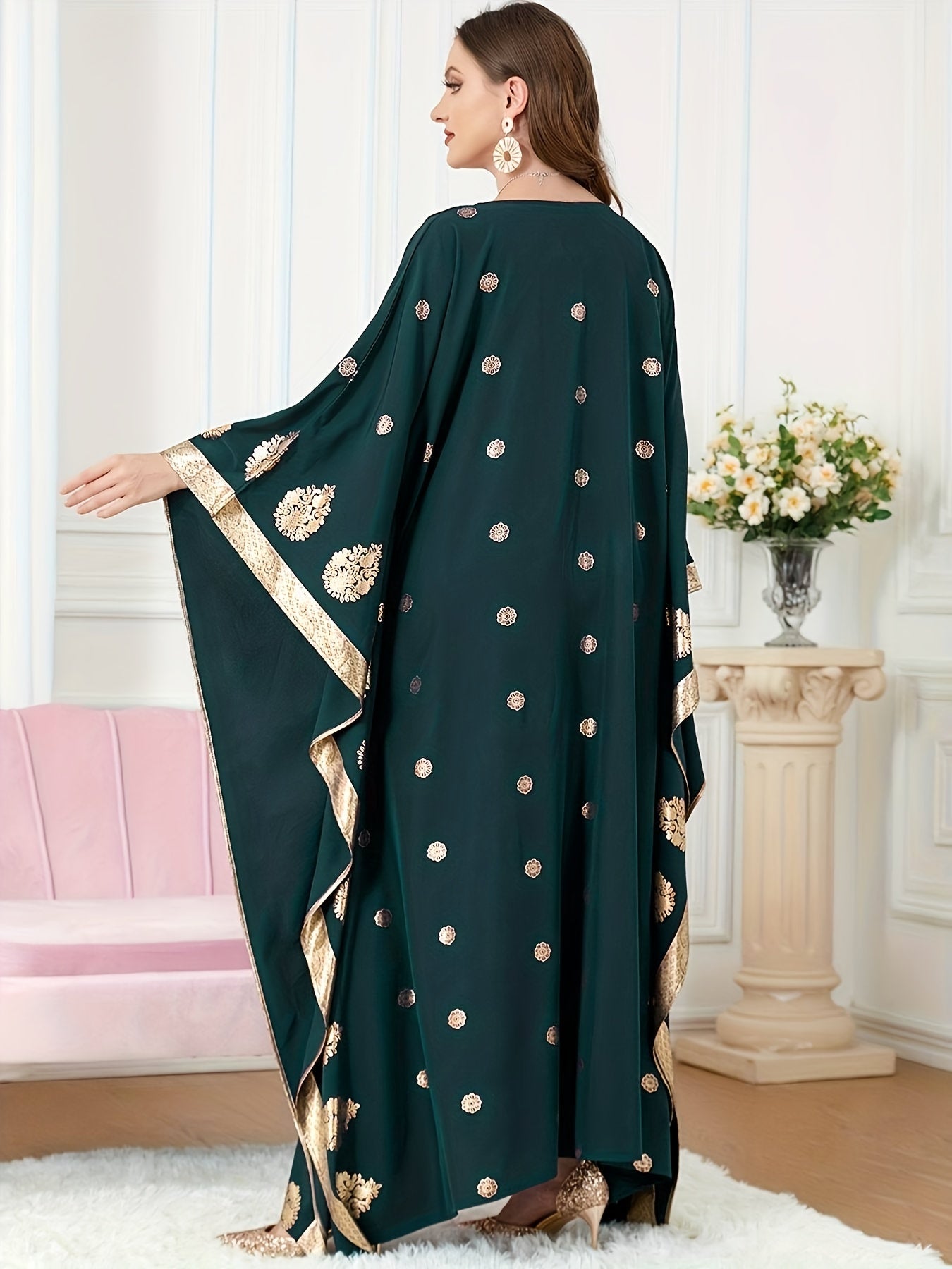 Graphic Print Batwing Sleeve Kaftan Dress, /MH