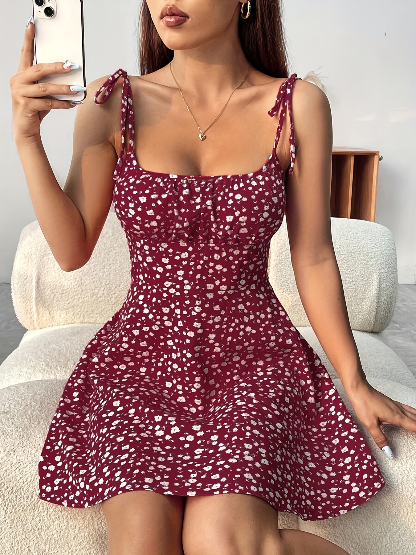 [Elegant Cami Dress] Elegant Floral Print Cami Dress |