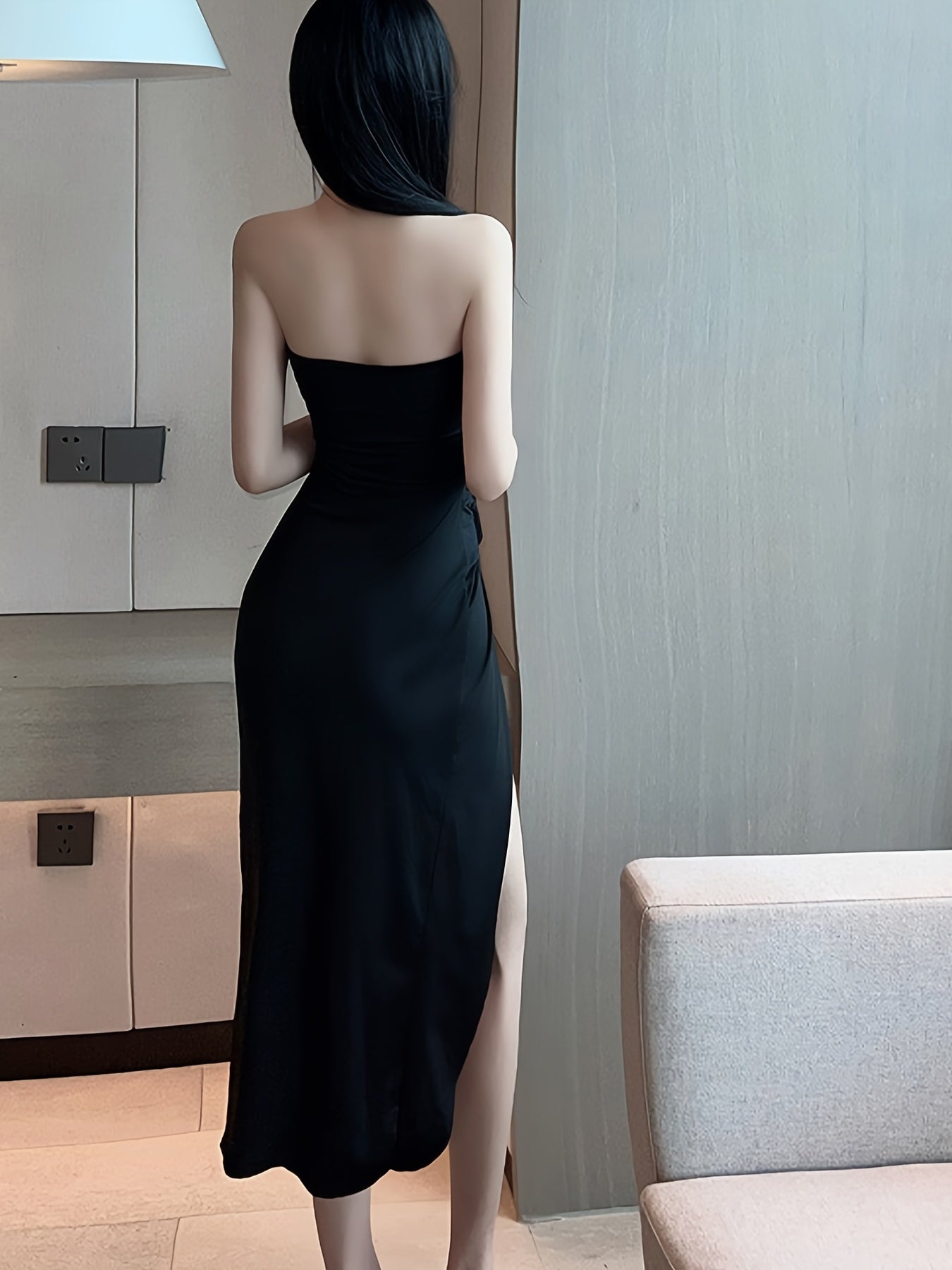 Solid Cut Out Halter Dress, Sexy Side Split Stretchy Backless Dress,