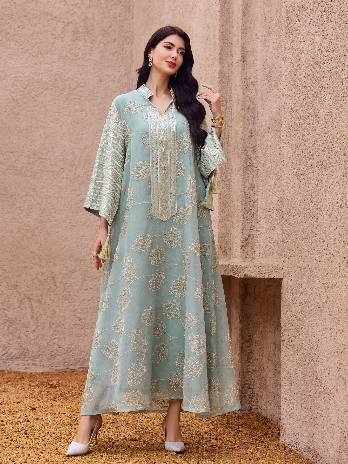 Elegant Light Blue Embroidered Kaftan Dress - V-Neck, Bell Sleeves,/MH