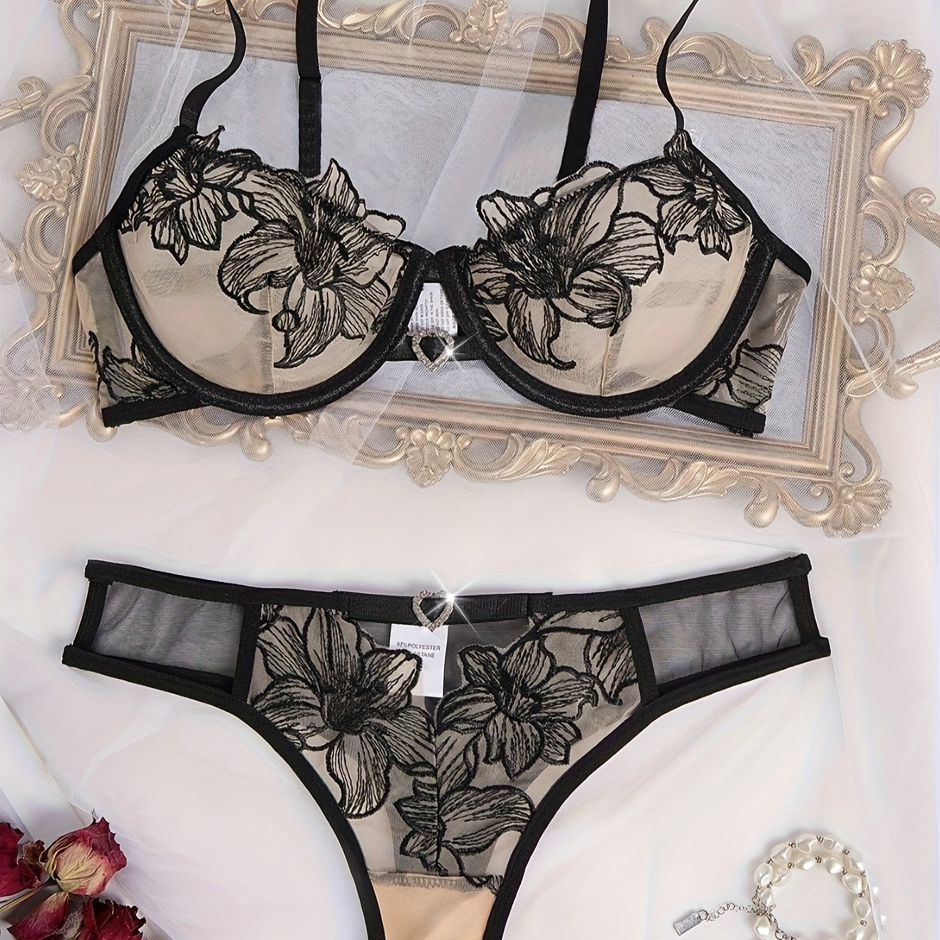 Sexy Floral Embroidery Lace Bra & Panty, Heart Ring Decor Bra'/MH