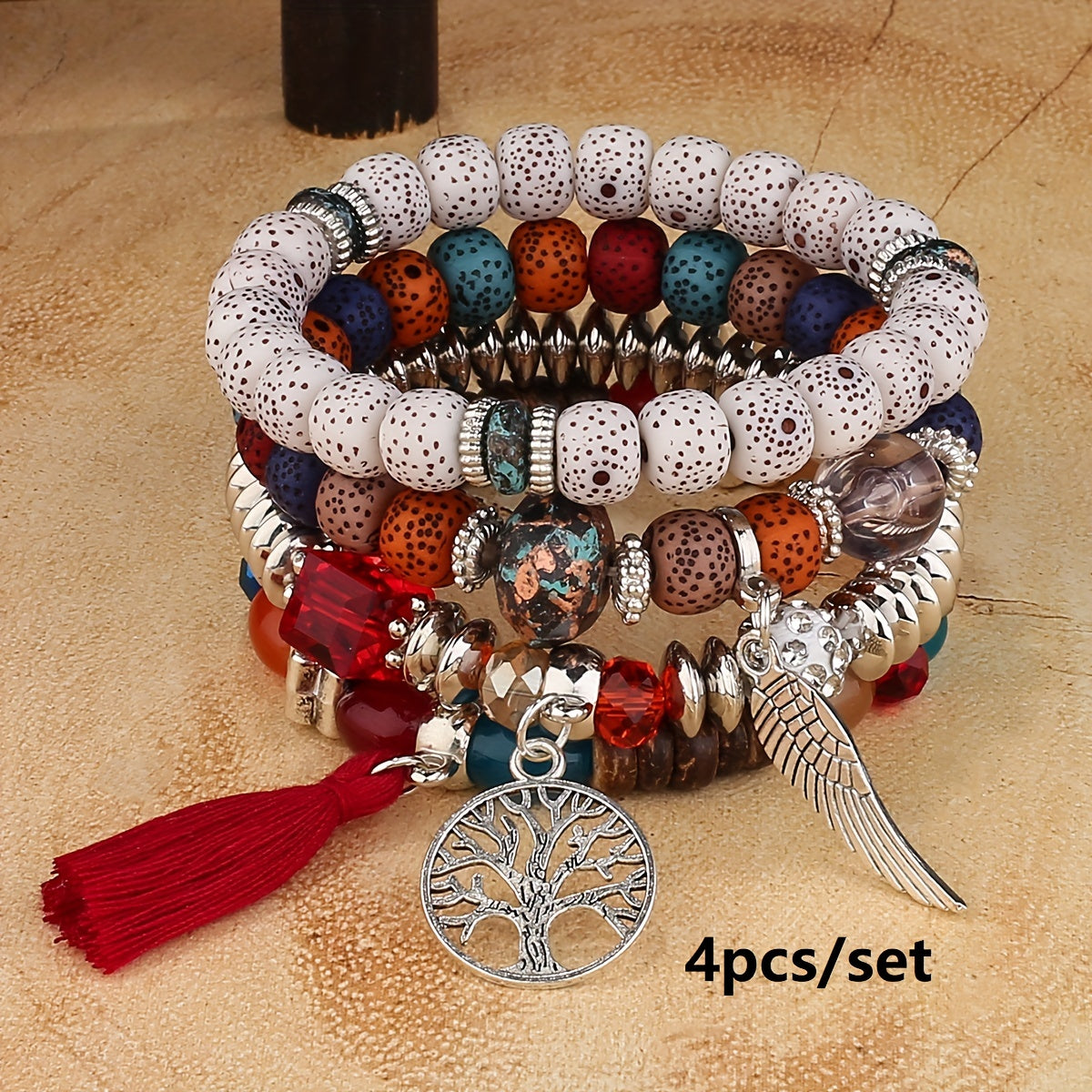4pcs/set Bohemian Hand String, Tree Of Life Feather Wings Pendant Bracelet, Tassel Couple Handmade Unisex Bracelet, Father's Day Gift