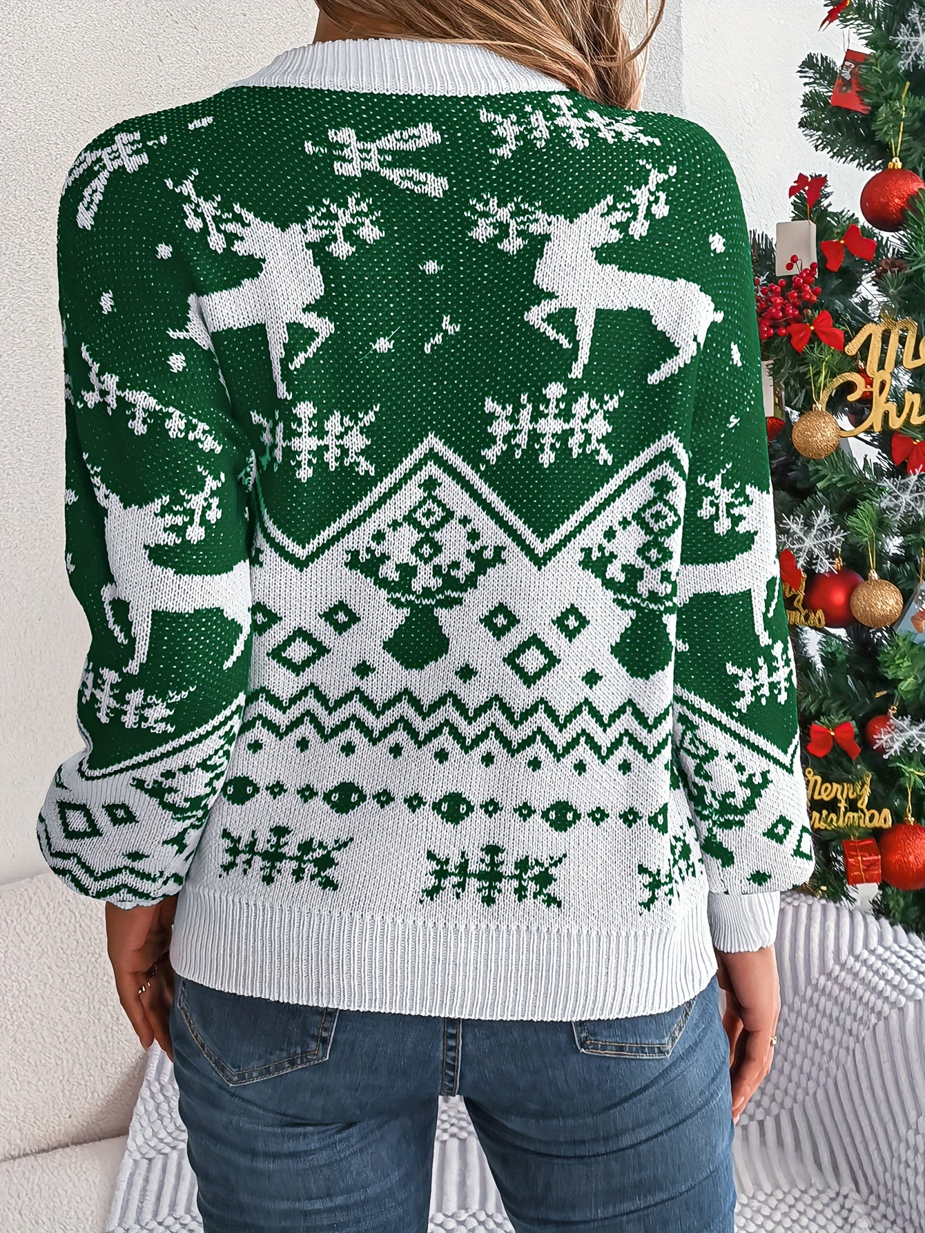Snowflake Pattern Pullover Sweater, Casual Crew Neck Long Sleeve .