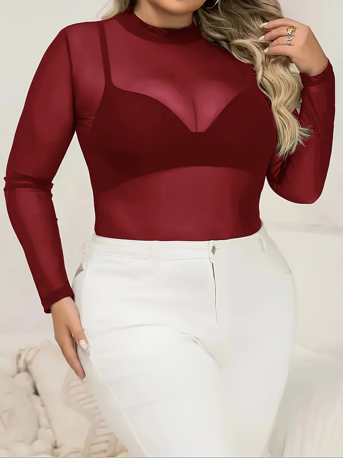 Elegant Plus Size Women's Sheer Mesh Long Sleeve ,/MH