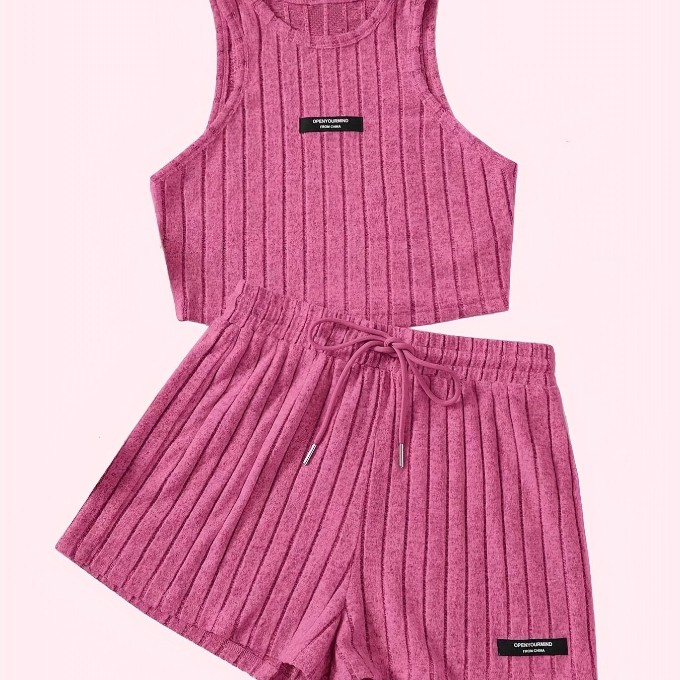 Ribbed Casual Two-piece Set, Crew Neck Sleeveless Tank Top & Drawstring Shorts Outfits, Women's Clothing