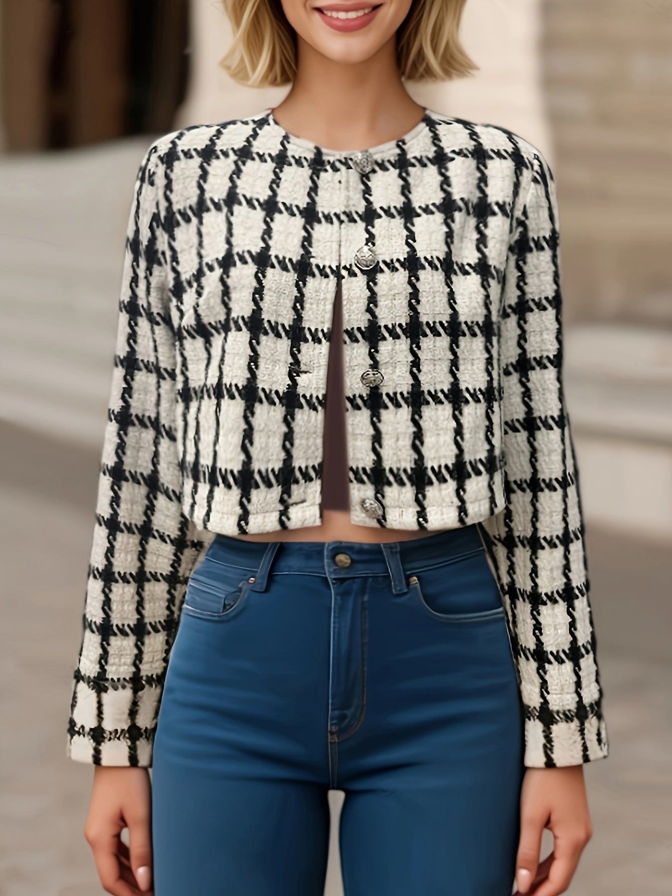 Plaid Print Open Front Blazer, Elegant Long Sleeve Coat For Spring.