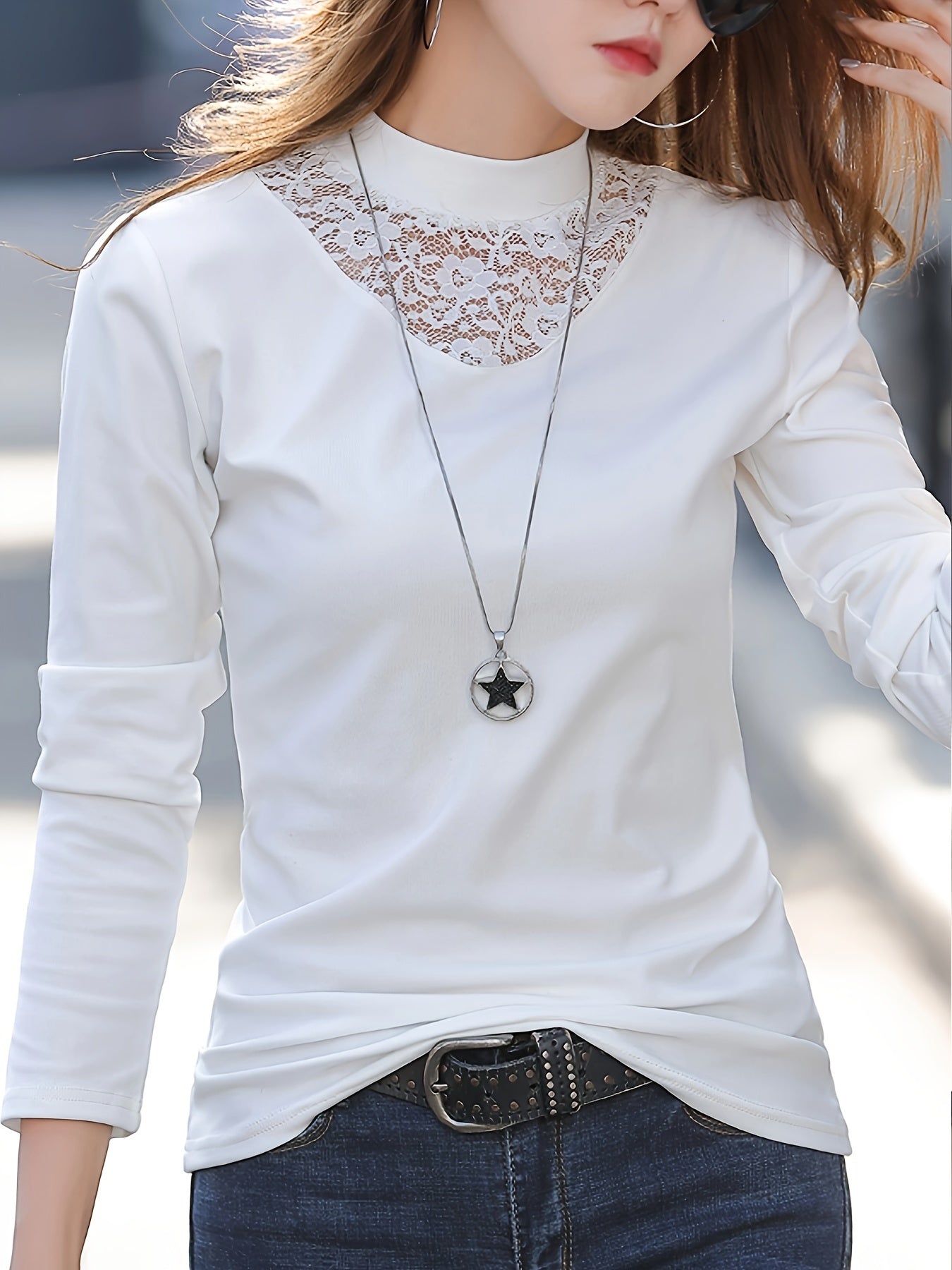 Women's Contrast Lace Trim Round Neck T-Shirt .