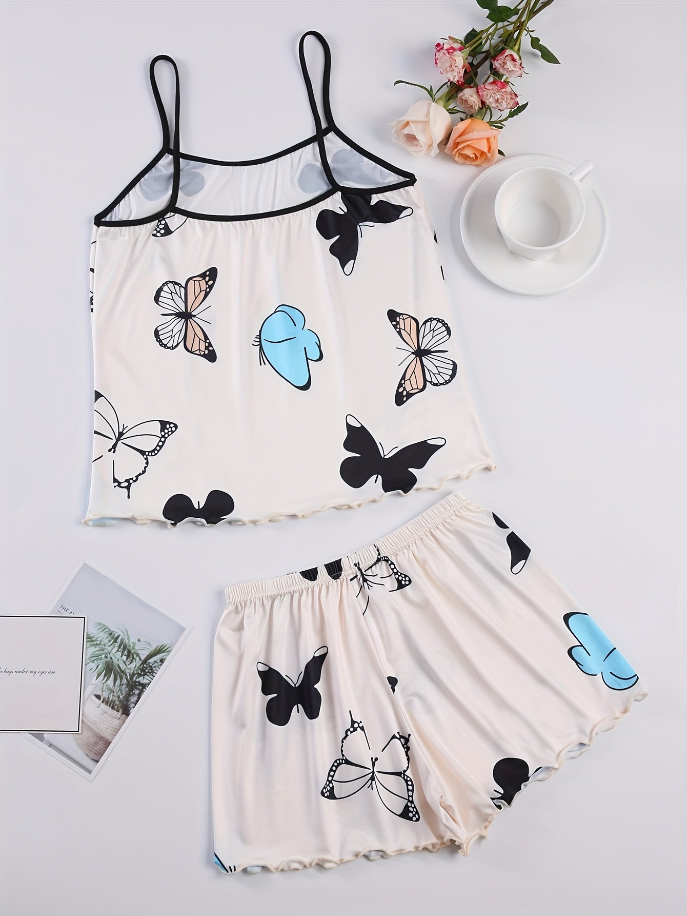 Casual Butterfly Print Lettuce Trim Pajama Set,