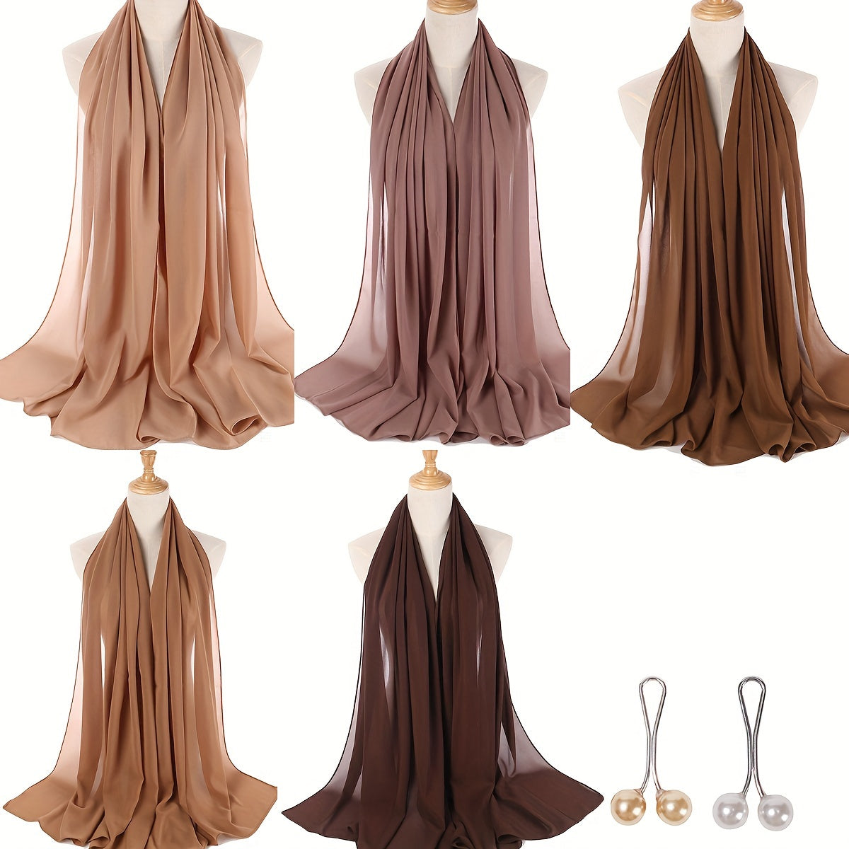 1box Solid Color Chiffon Hijab And Hijab Pins Thin Breathable Sunscreen Scarves'/MH