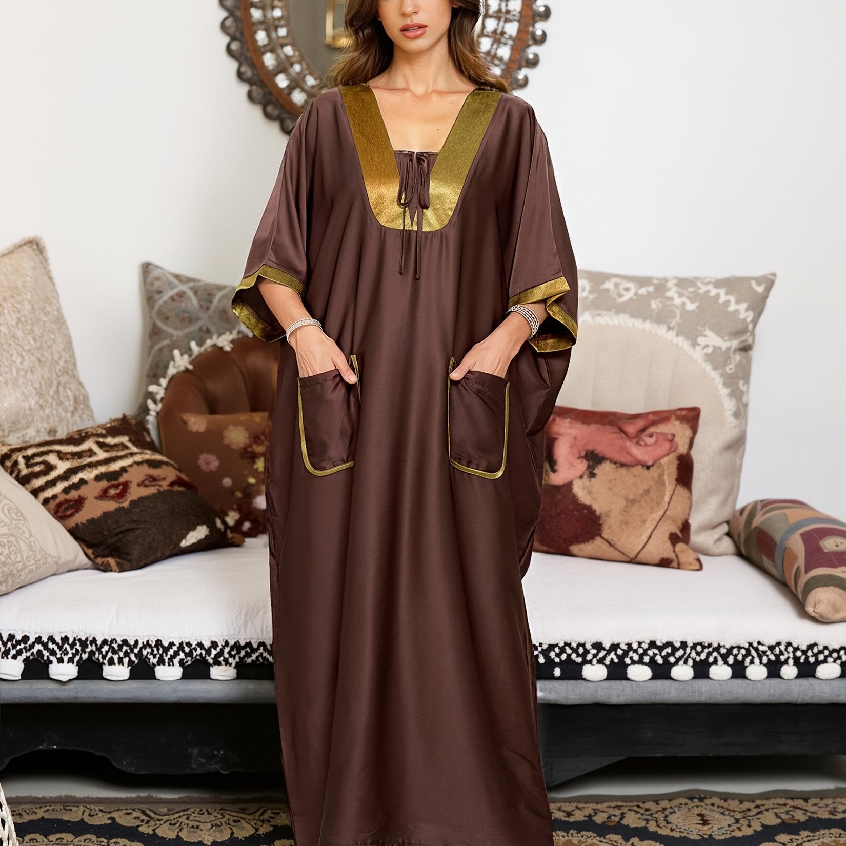 EDOLYNSA Vintage Brown & Golden Contrast Satin V-Neck./MH