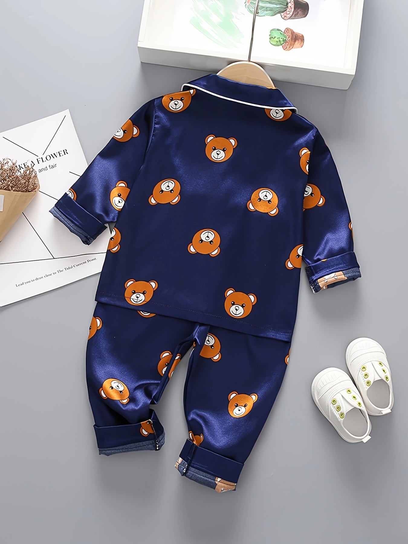 2pcs Boys Bear Print Button Up Long Sleeve Top & Elastic Waist Long Pants Set, Comfy Boys Clothes