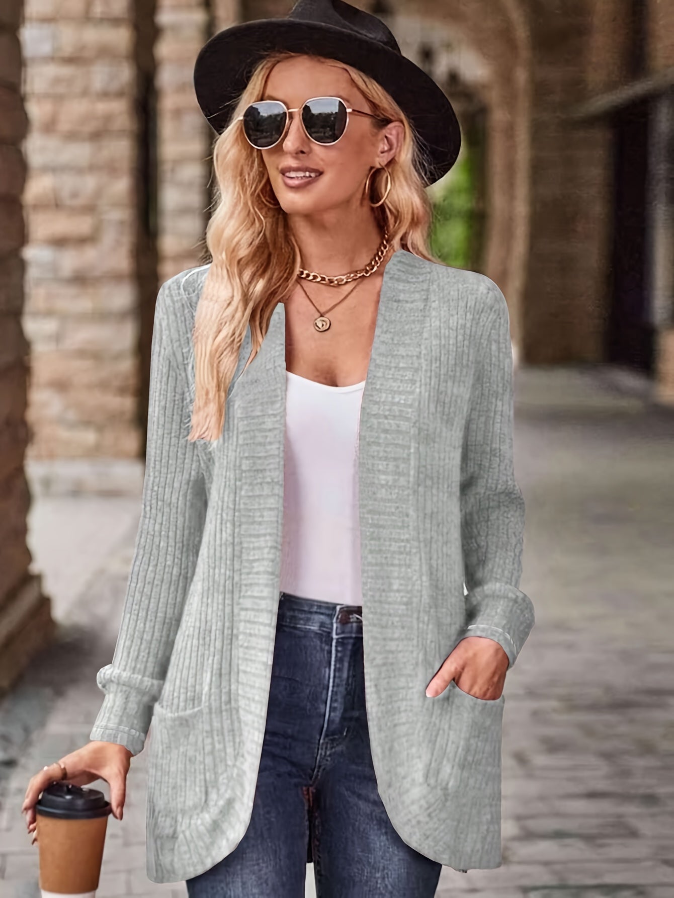 1pc Women'S Solid Color Polyester Cardigan Jacket with Pockets,