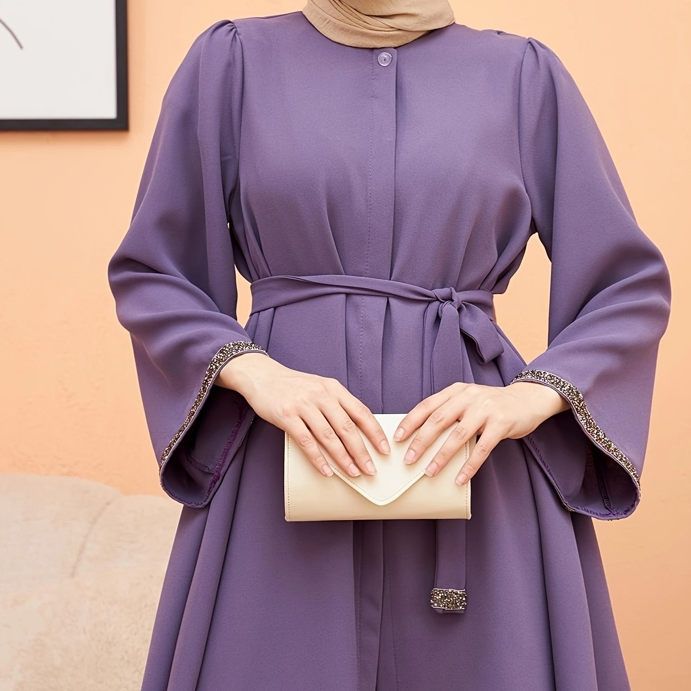 Contrast Trim Belted Button Front Kaftan Shirt, /MH