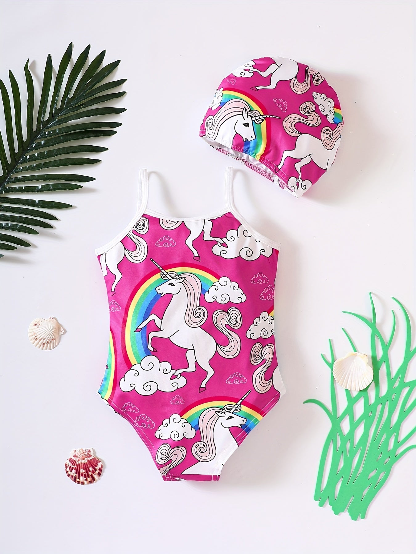 2 Pcs Girl's Onesie Swimsuit & Swimming Cap,