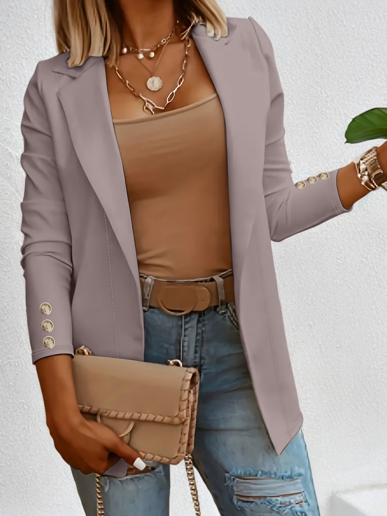 Solid Open Front Lapel Blazer, Elegant Button Decor Long Sleeve Blazer.