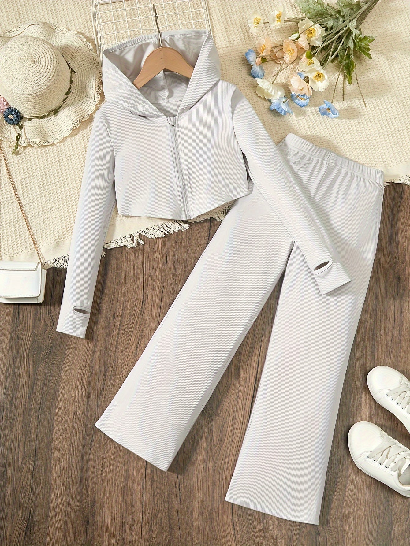 Elegant Girls Slim Outfits 2pc, Zip Hoodies + Loose Fit Flare Pants Kids Clothes.