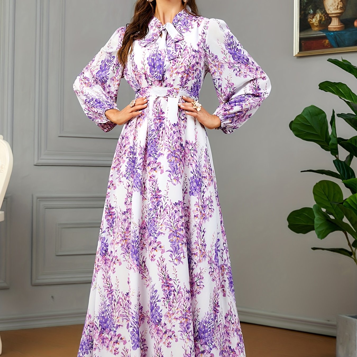 Ramadan Floral Print Tie Neck Kaftan Abayas, /MH