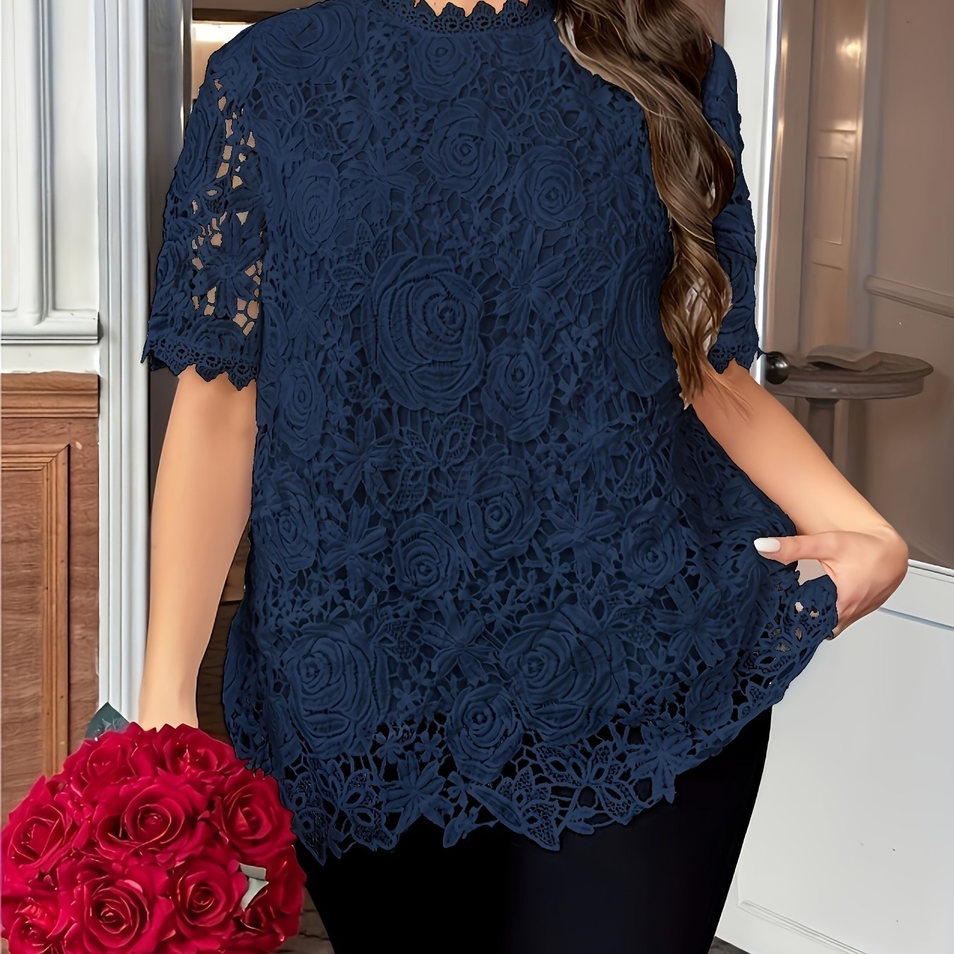 [Elegant Blouse] Elegant Green Lace Plus Size Blouse for Women |