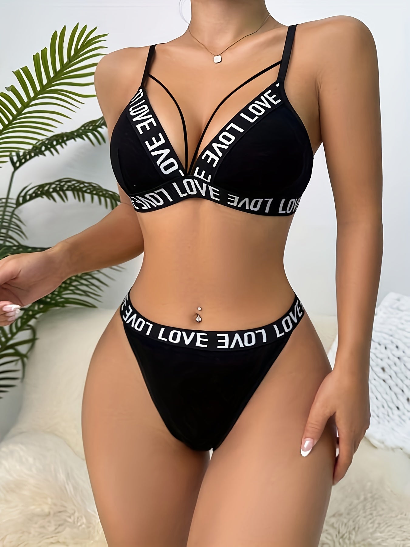 Letter Tape Cut Out Bra & Panty, Strappy Bra & Panties Lingerie Set,/MH