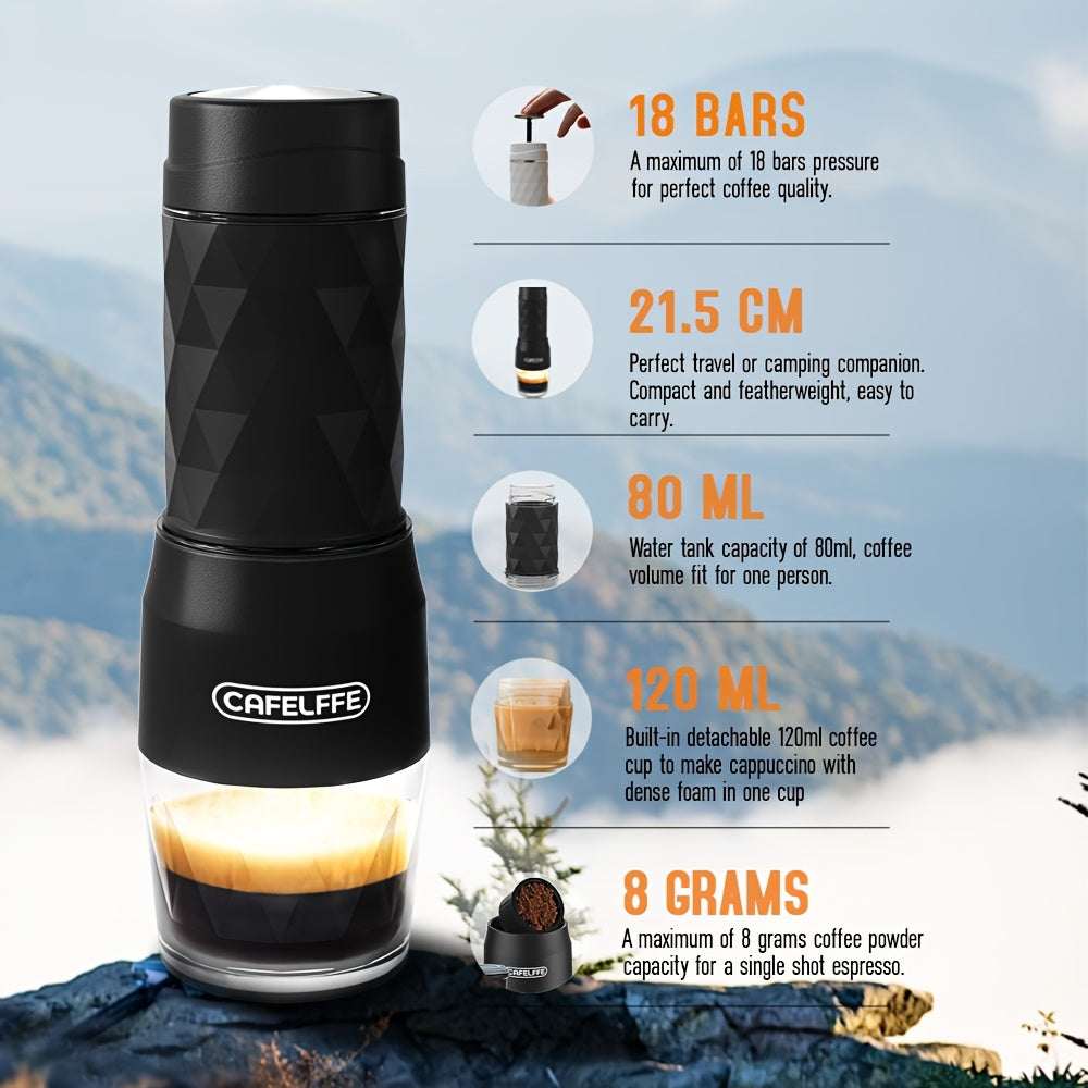 Cafelffe 3in 1 Portable Coffee Machine Manual Capsule Espresso Machine Non-heating, Non-electric, Suitable for Nespresso Capsules, Dolce Gusto Capsules and Grind Coffee, Suitable for Car, Travel, Office, Camping and Hiking, T
