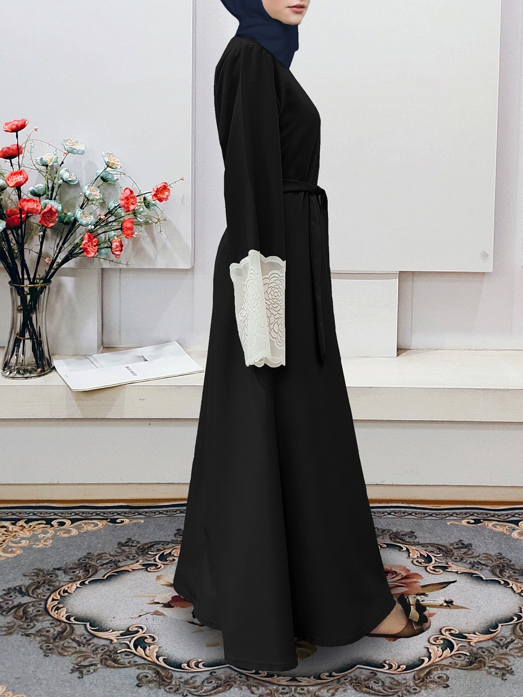 Contrast Lace Crew Neck Kaftan Abaya, /MH