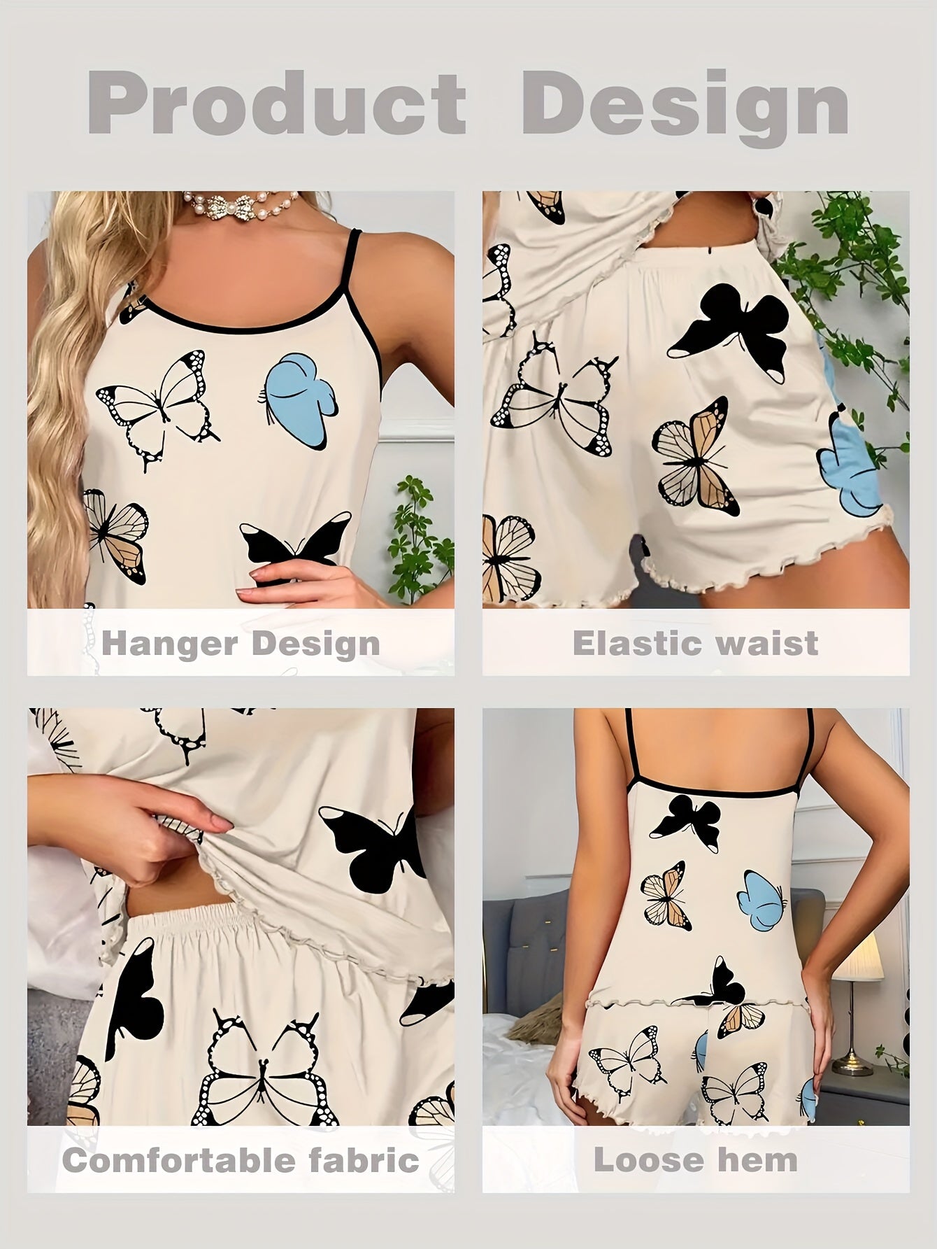 Casual Butterfly Print Lettuce Trim Pajama Set,